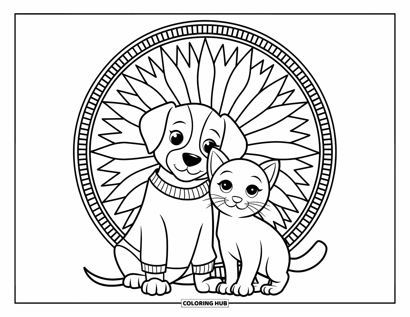 Puppy And Kitten Coloring Page for Adults: A cheerful puppy in a sweater sits before a bright mandala beside a kitten