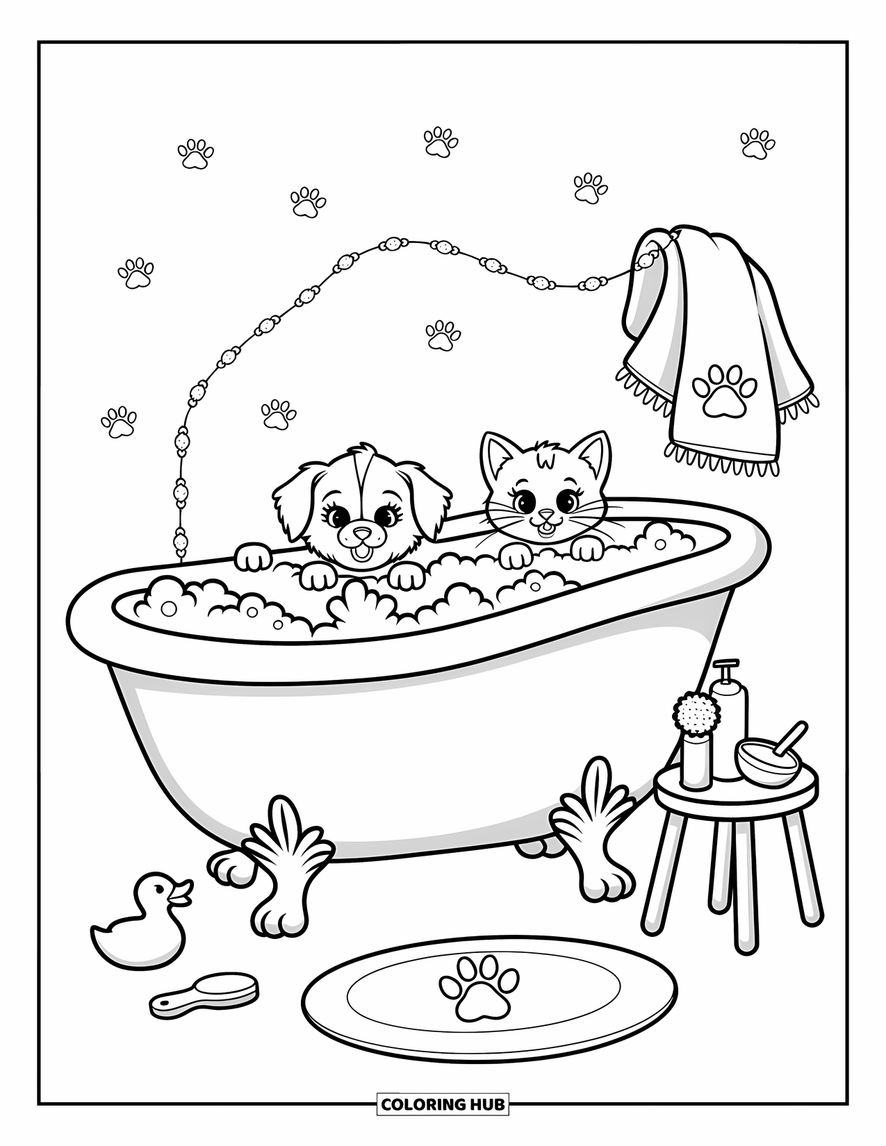 Puppy And Kitten Coloring Page for Adults: A cozy bath scene with playful pets, bubbles, and a smiling rubber duck