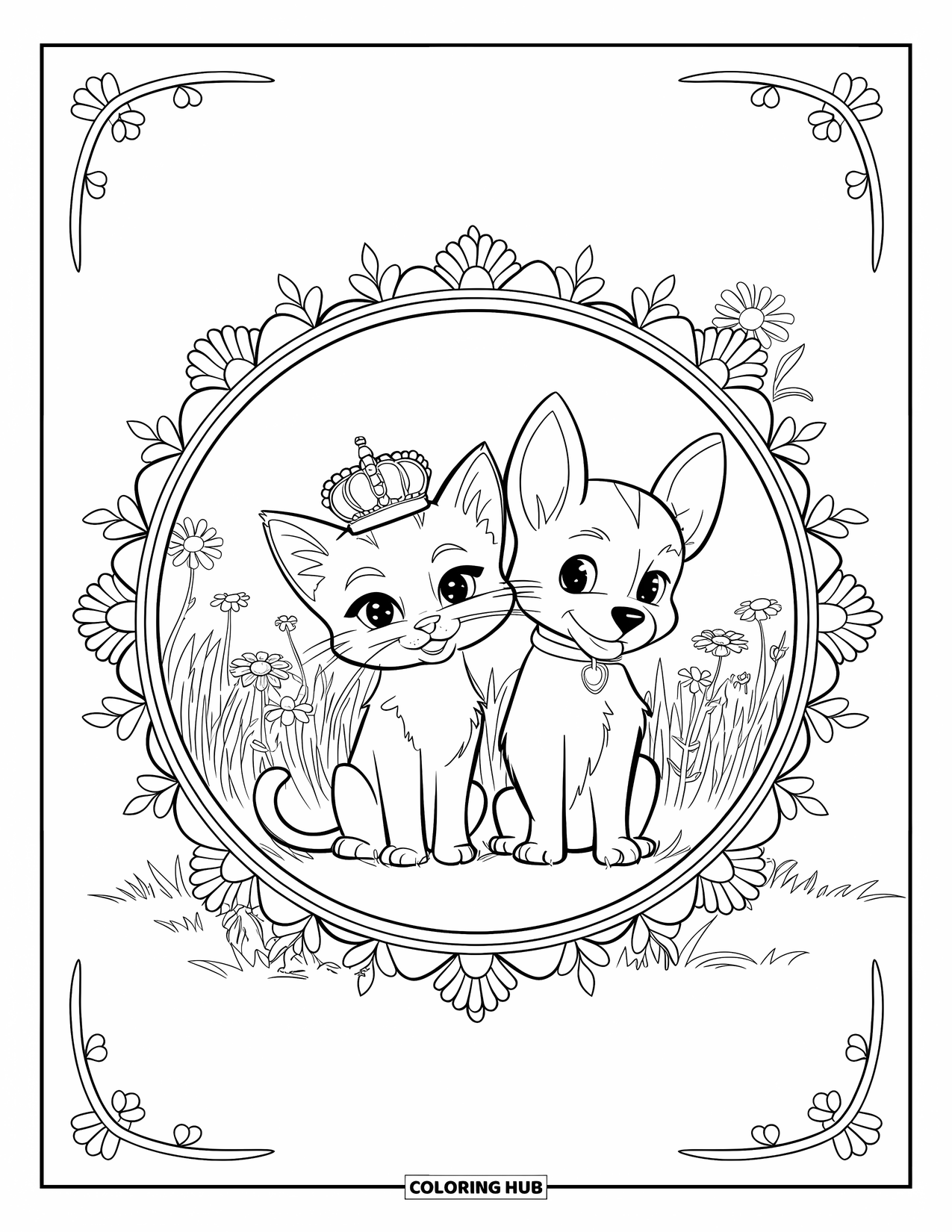 Puppy And Kitten Coloring Page for Adults: A crowned kitten and collared puppy sit in a floral mandala surrounded by blooms