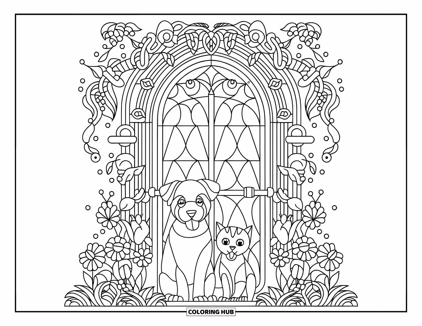 Puppy And Kitten Coloring Page for Adults: A peaceful garden gate with flowers surrounds a puppy and kitten waiting together