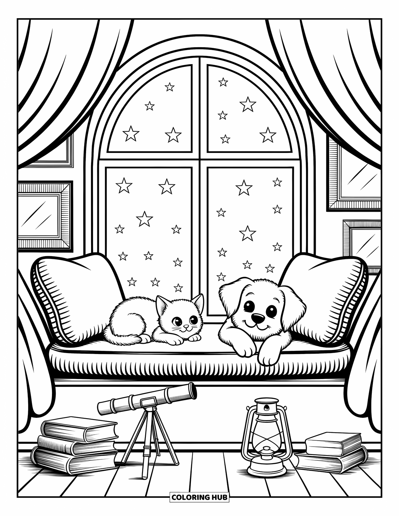 Puppy And Kitten Coloring Page for Adults: A peaceful night as a kitten and puppy watch stars from a cozy window seat