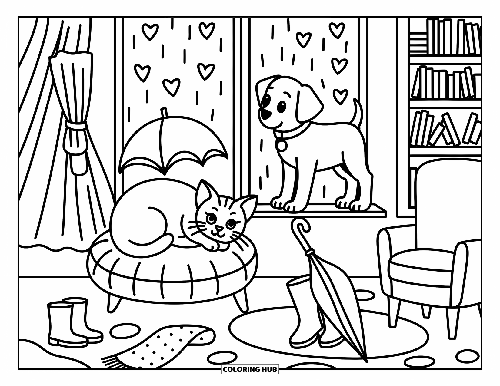 Puppy And Kitten Coloring Page for Adults: A peaceful rainy-day moment with a kitten resting and a puppy gazing out