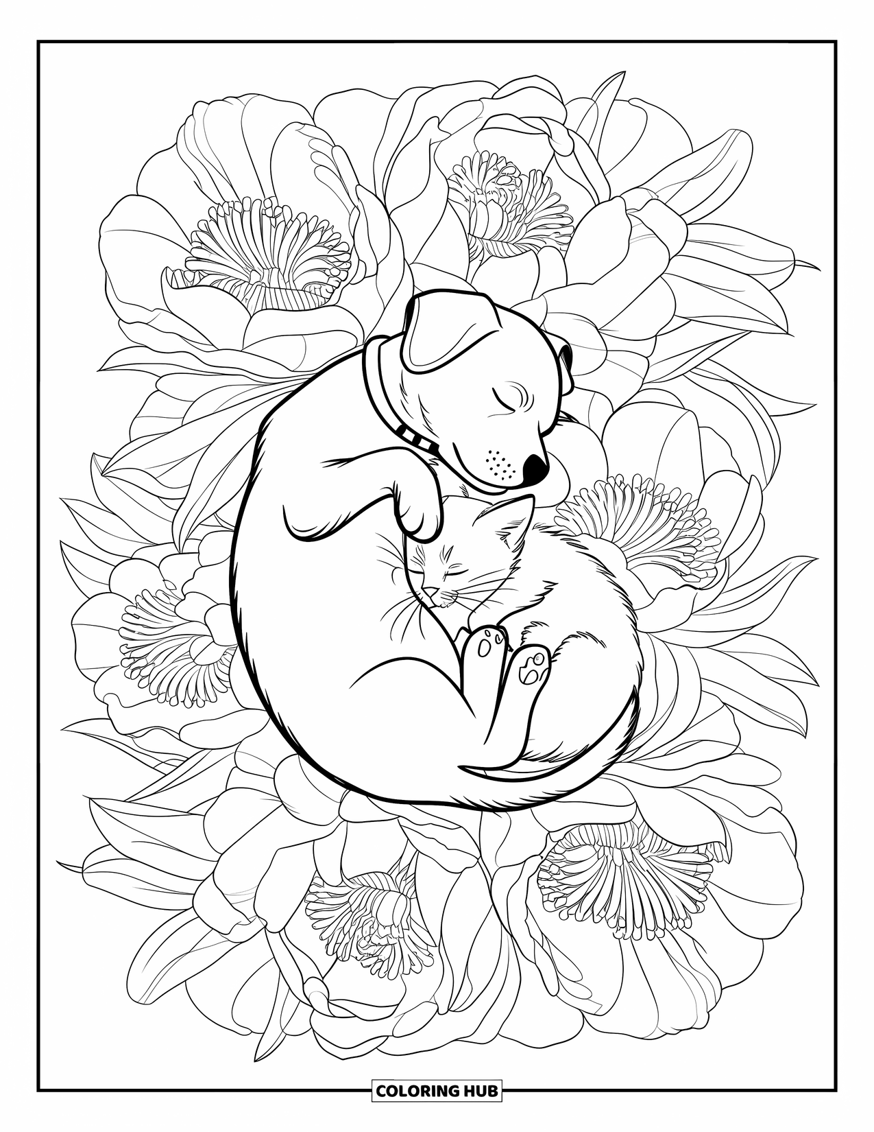 Puppy And Kitten Coloring Page for Adults: A peaceful stained glass garden of peonies frames two sleeping pets together