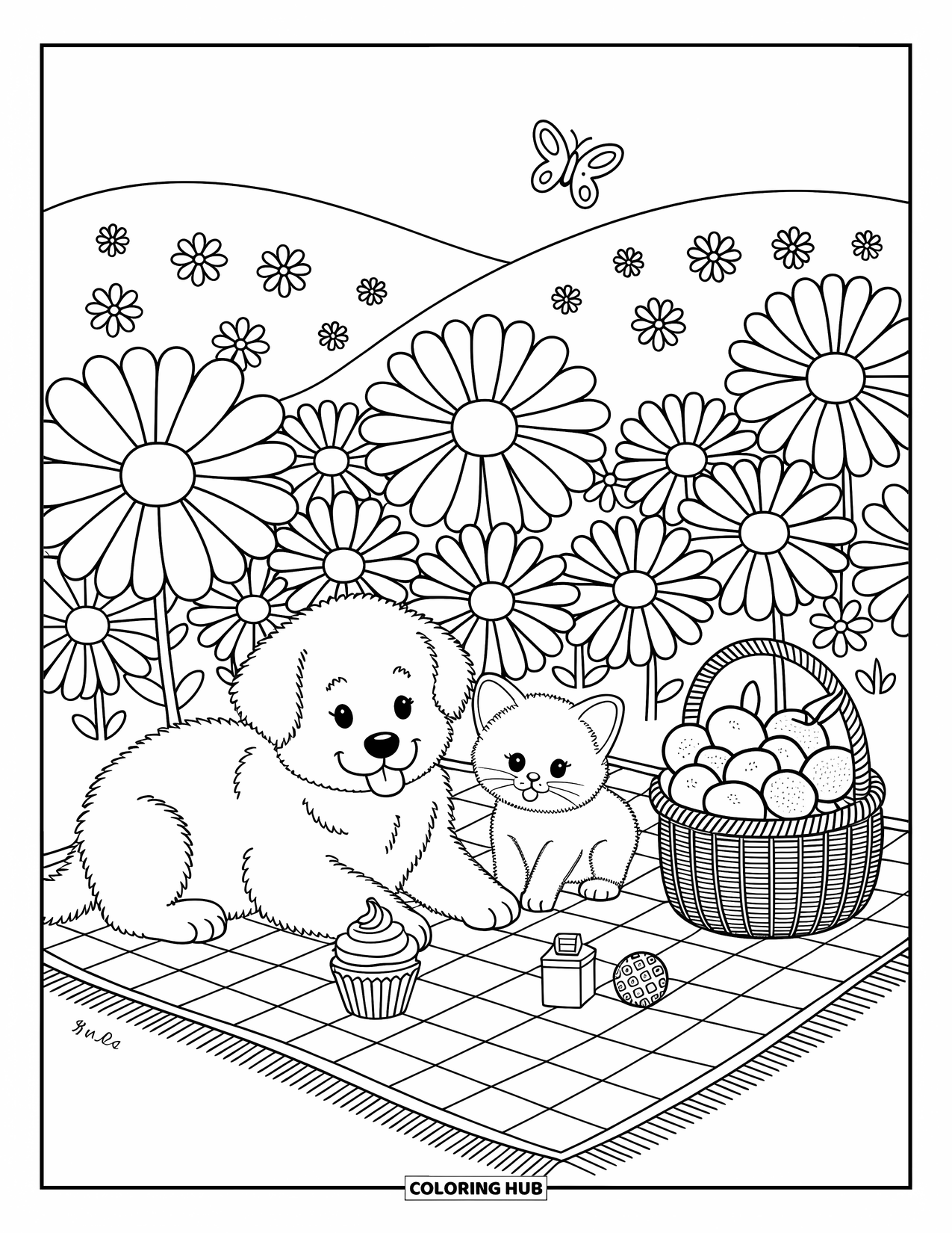 Puppy And Kitten Coloring Page for Adults: A puppy and kitten relax on a blanket surrounded by daisies and butterflies