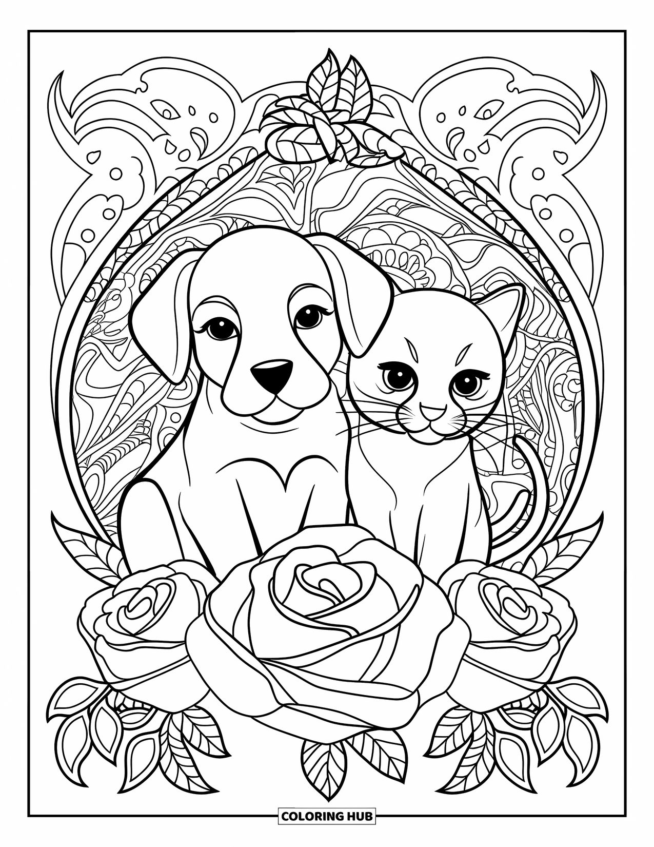 Puppy And Kitten Coloring Page for Adults: A puppy and kitten rest together inside an intricate rose and vine pattern