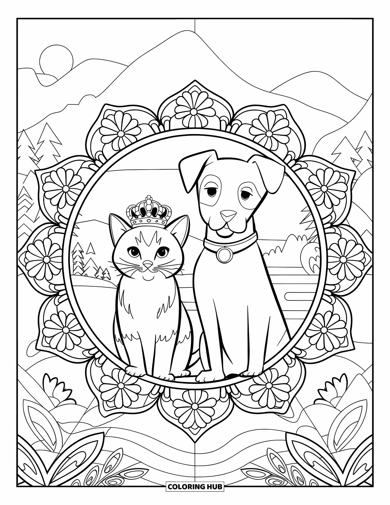 Puppy And Kitten Coloring Page for Adults: A royal kitten and noble puppy sit framed by flowers near mountains and trees