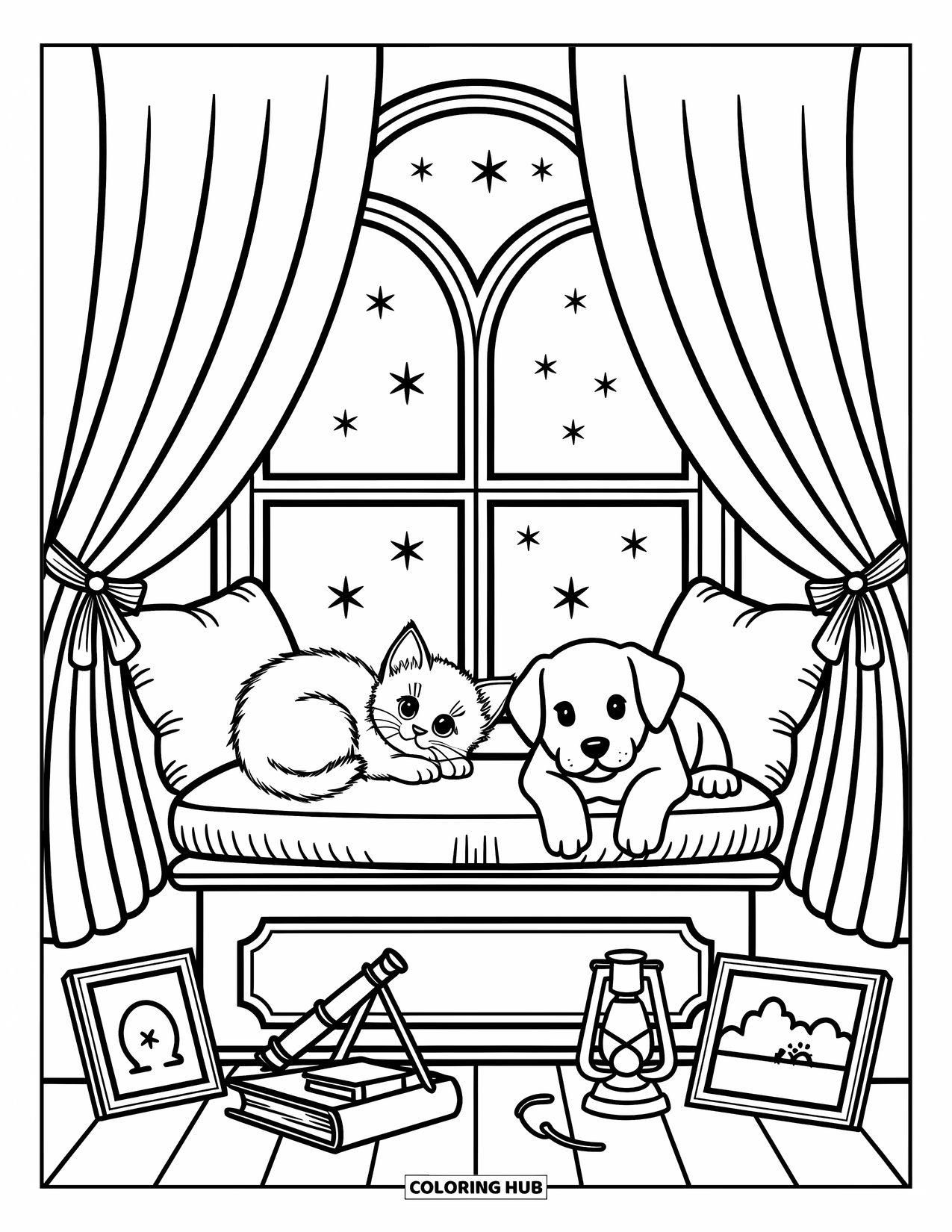 Puppy And Kitten Coloring Page for Adults: A sweet pair of pets stargazing beside a glowing lantern and telescope