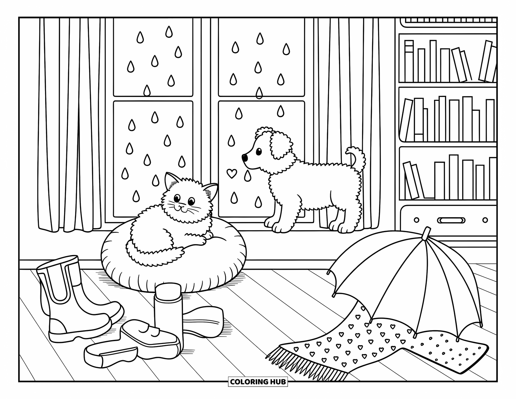 Puppy And Kitten Coloring Page for Adults: A sweet puppy and kitten relax by a rainy window filled with heart-shaped puddles