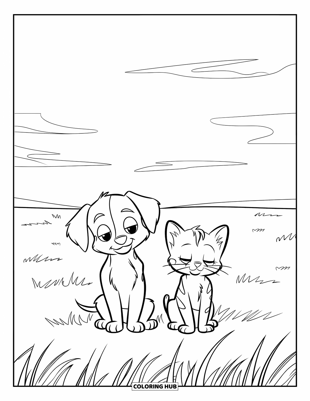 Puppy And Kitten Coloring Page for Kids: A calm puppy and kitten sit close, eyes closed under the sunny sky
