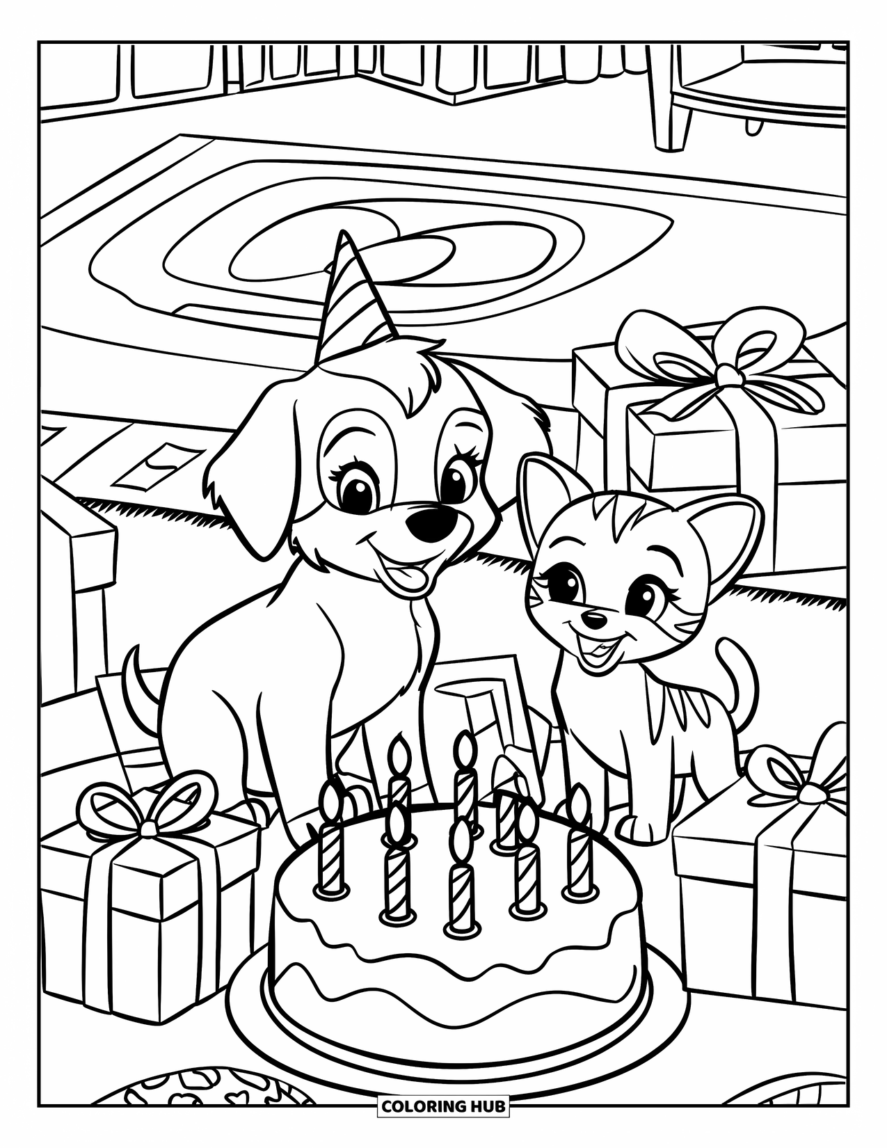 Puppy And Kitten Coloring Page for Kids: A cheerful puppy and kitten celebrate with balloons and birthday cake
