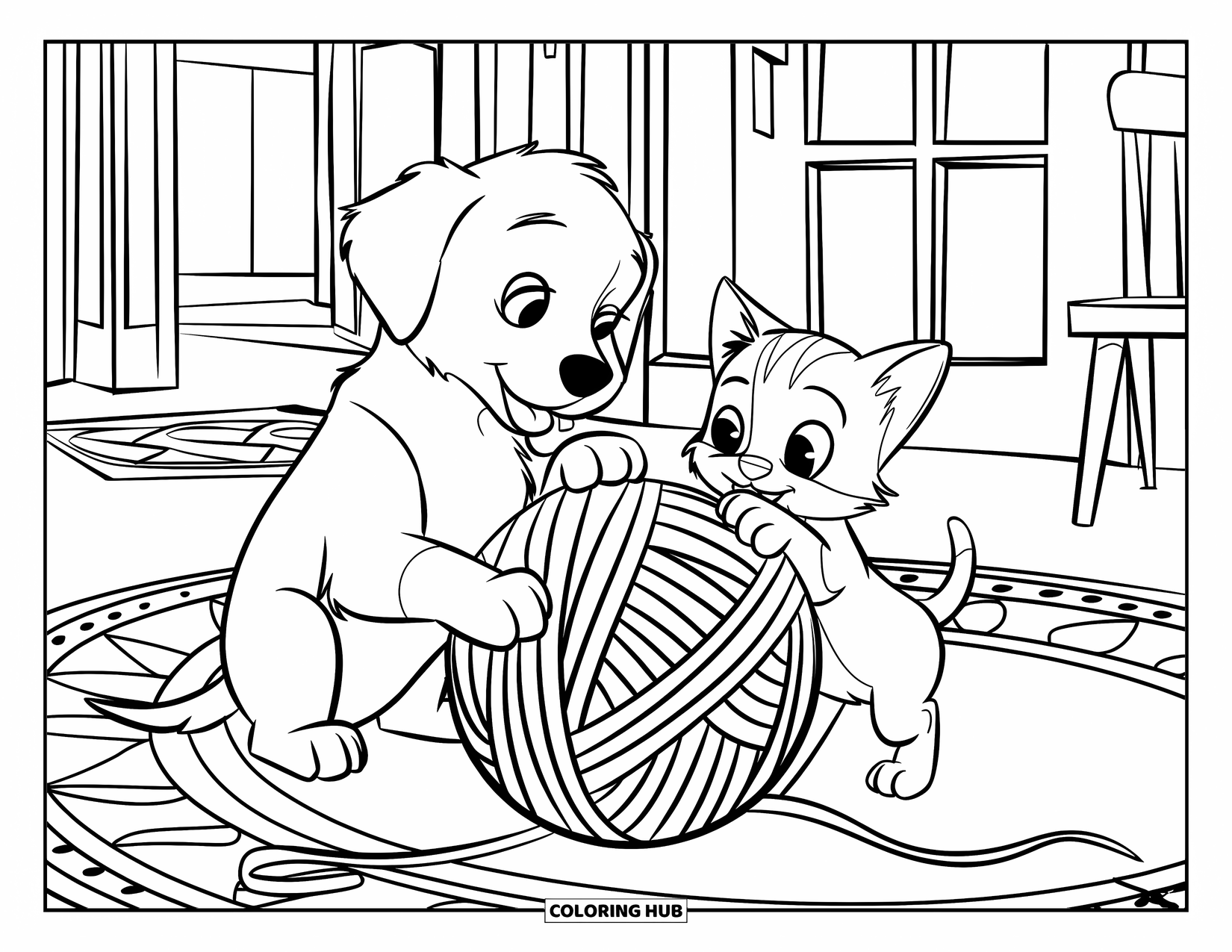 Puppy And Kitten Coloring Page for Kids: A cozy living room where a puppy and kitten chase a rolling yarn ball