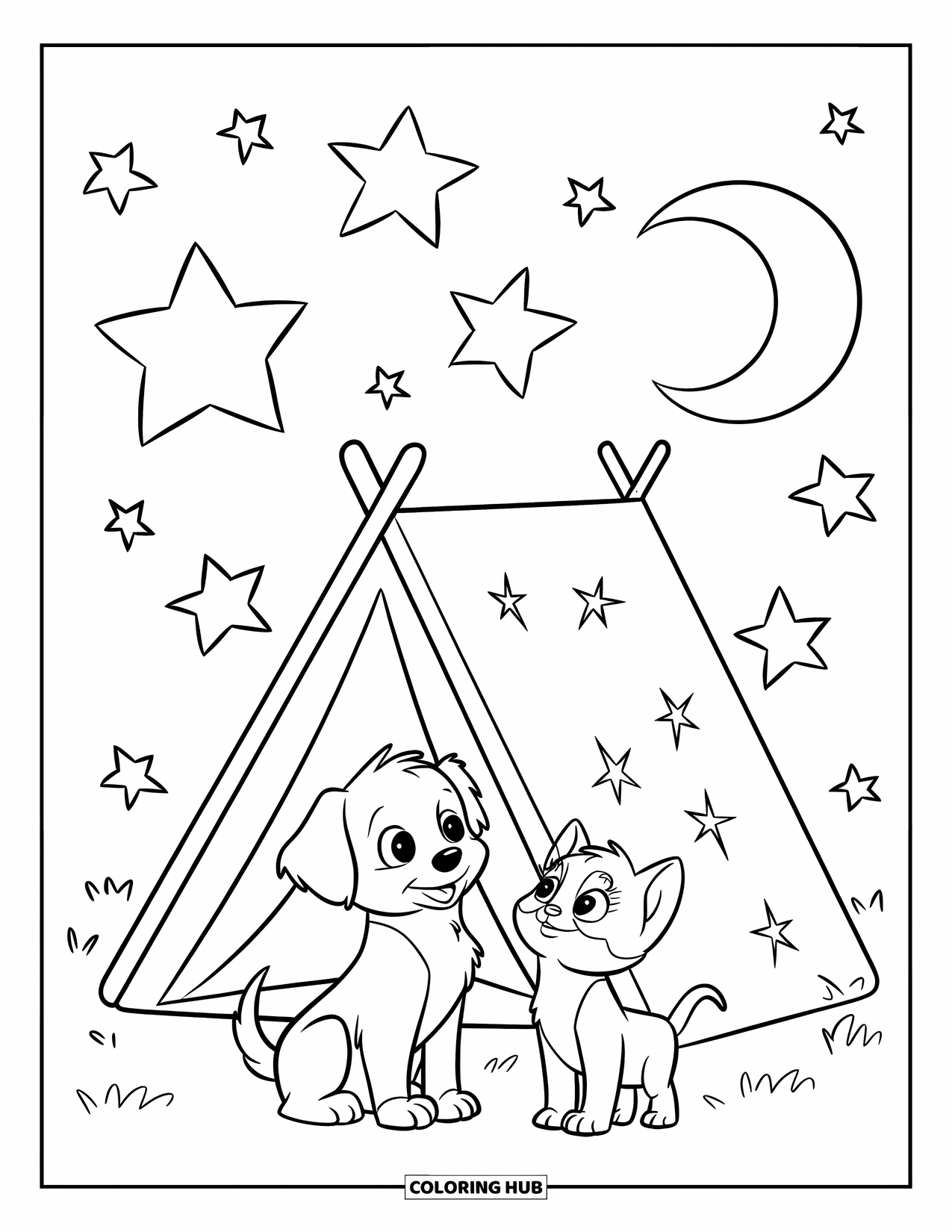 Puppy And Kitten Coloring Page for Kids: A curious puppy and kitten watch stars and a crescent moon together