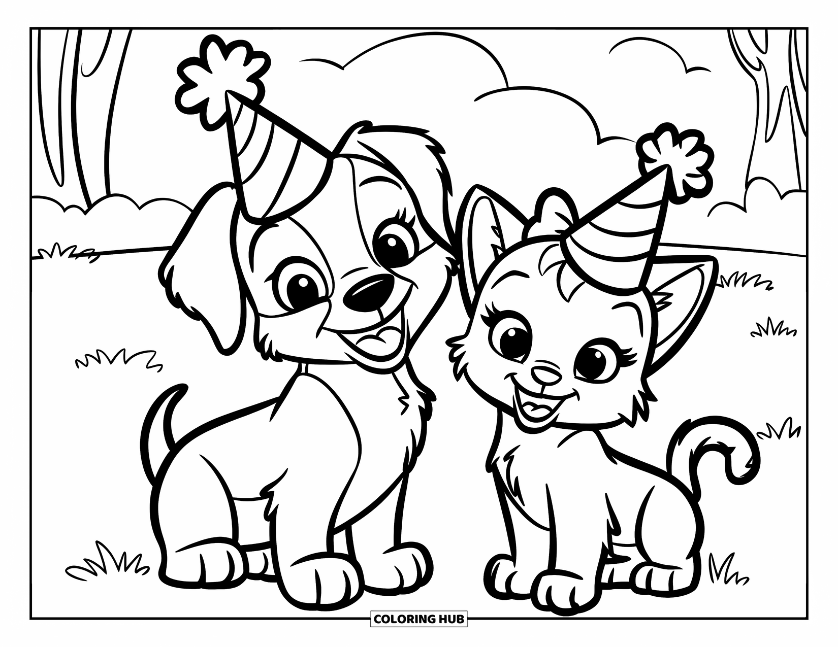 Puppy And Kitten Coloring Page for Kids: A happy puppy and kitten wear party hats and celebrate together