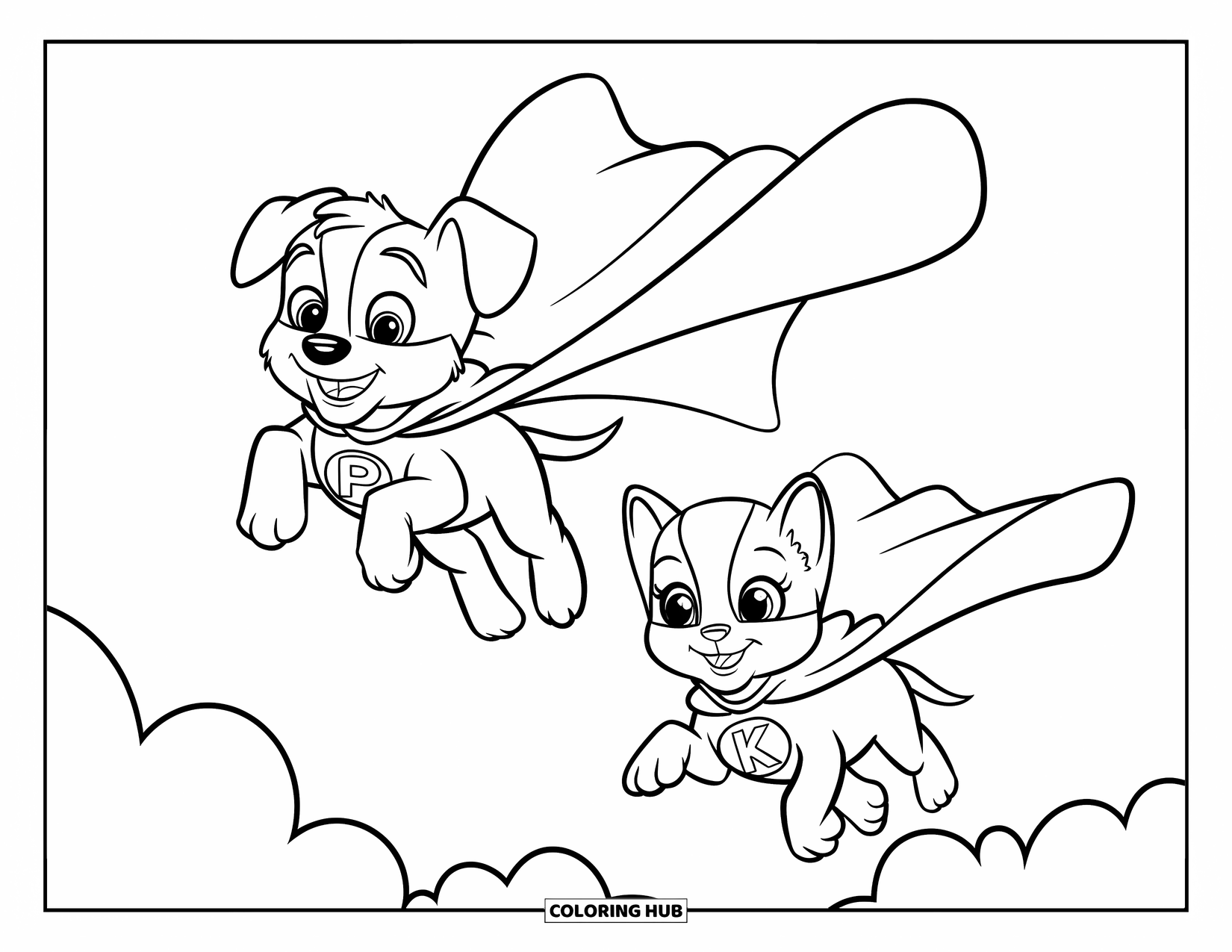 Puppy And Kitten Coloring Page for Kids: A heroic puppy and kitten fly through the clouds with bright smiles