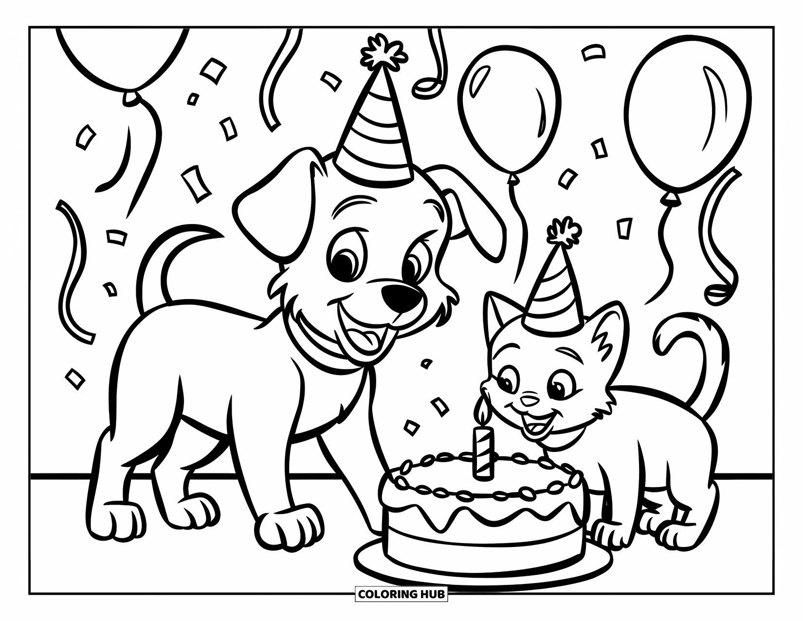Puppy And Kitten Coloring Page for Kids: A joyful puppy and kitten celebrate with cake, candles, and streamers