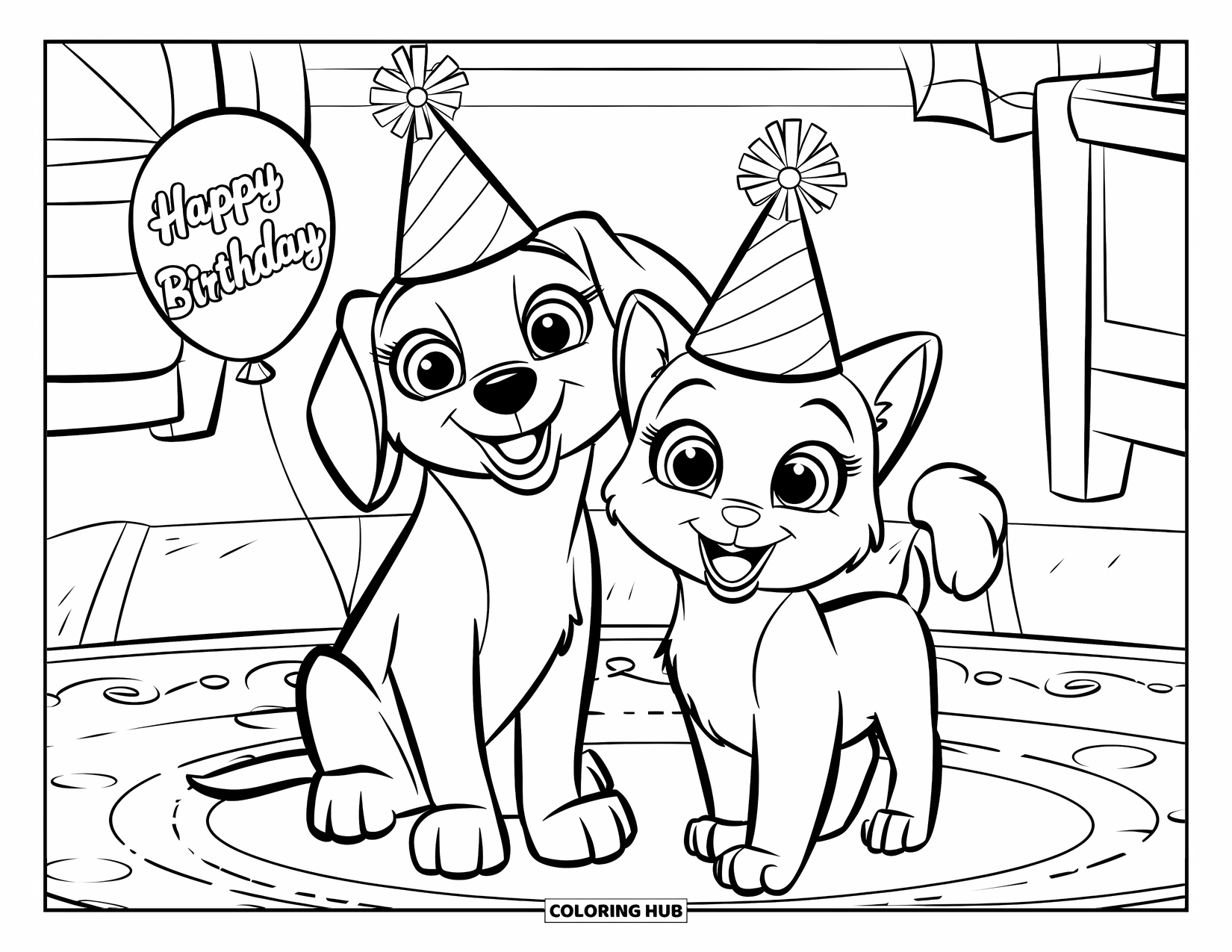 Puppy And Kitten Coloring Page for Kids: A playful birthday moment with a puppy, kitten, and a bright balloon