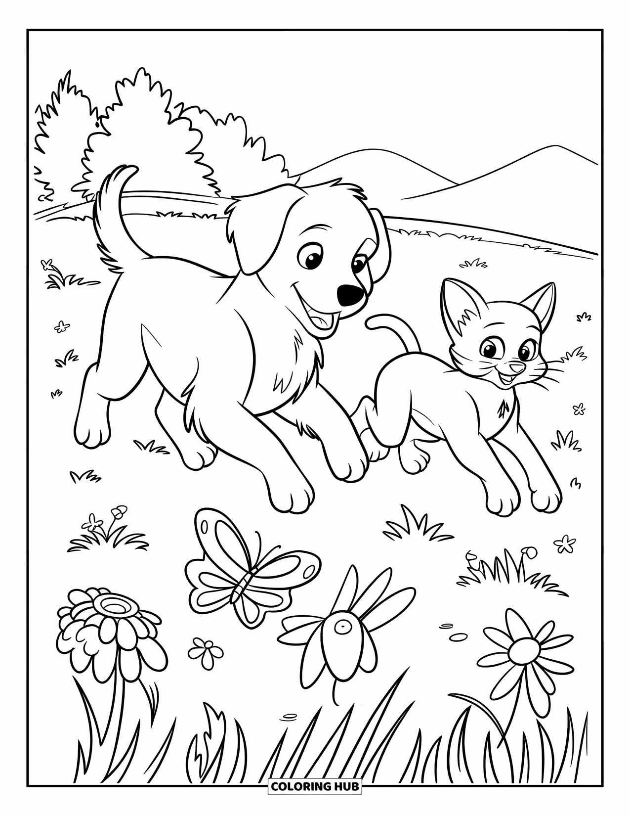 Puppy And Kitten Coloring Page for Kids: A puppy and kitten chase a fluttering butterfly through a flower field