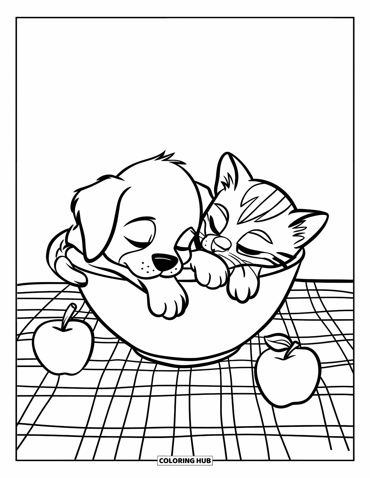 Puppy And Kitten Coloring Page for Kids: A puppy and kitten nap together curled up in a cozy bowl