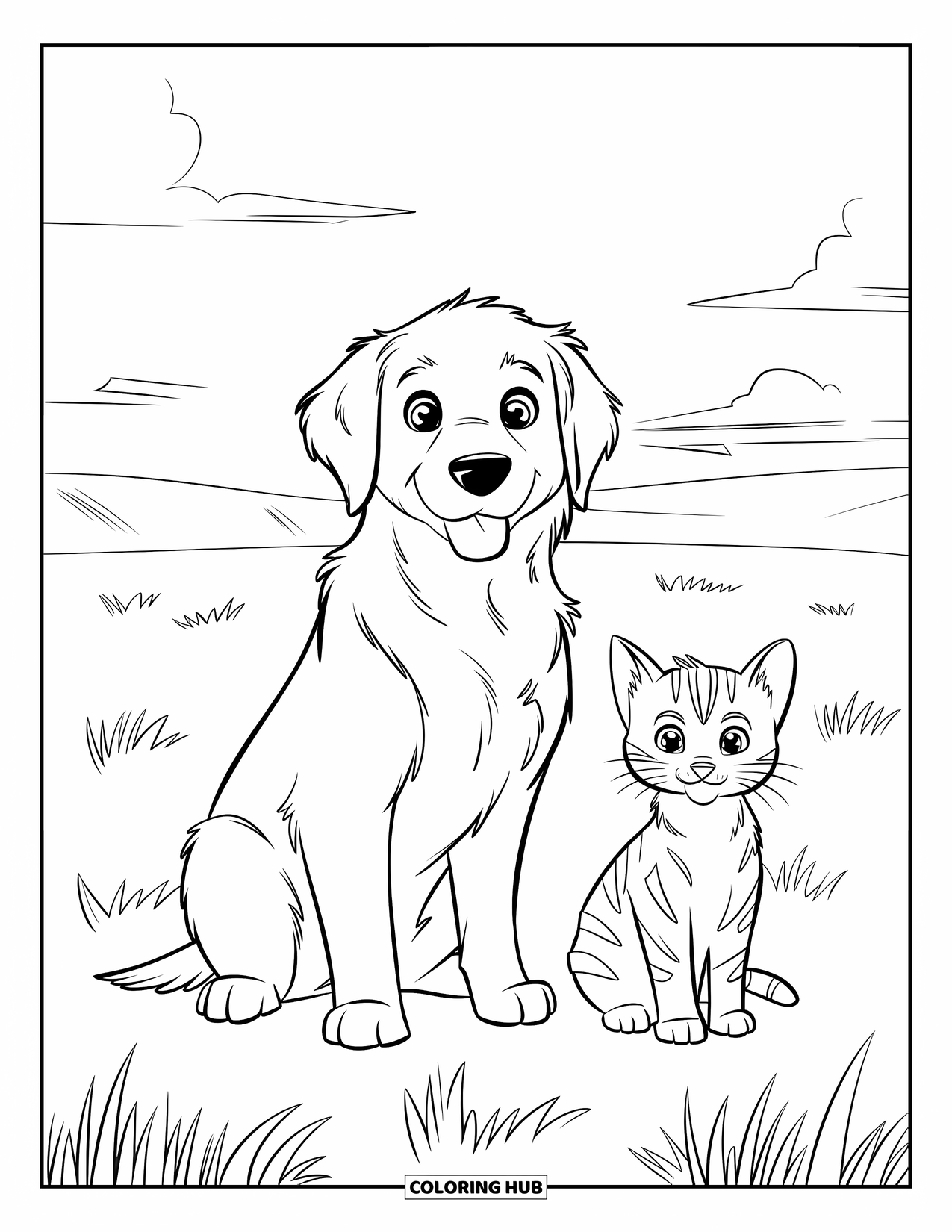 Puppy And Kitten Coloring Page for Kids: A puppy and kitten rest side by side under a few fluffy clouds