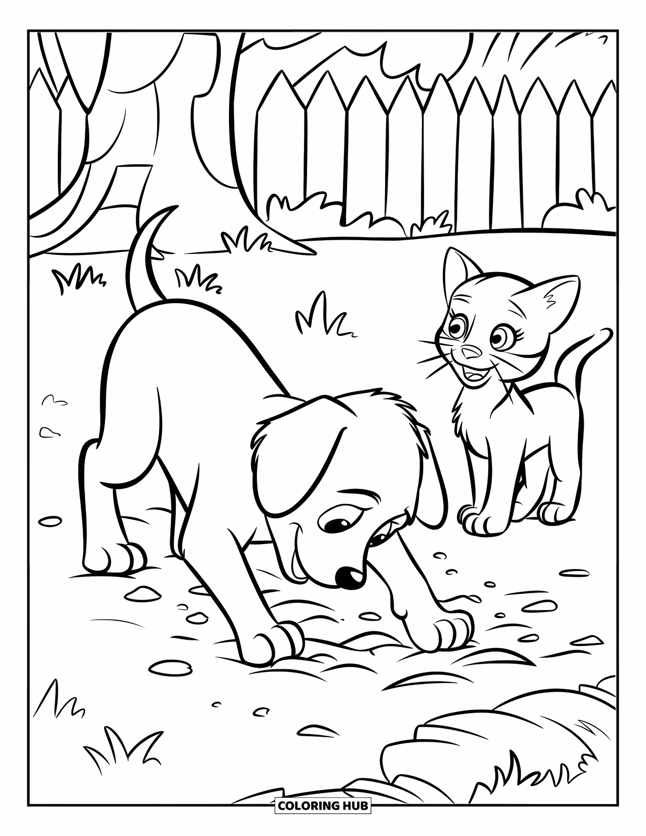 Puppy And Kitten Coloring Page for Kids: A puppy digs near a fence while a kitten watches from the grass