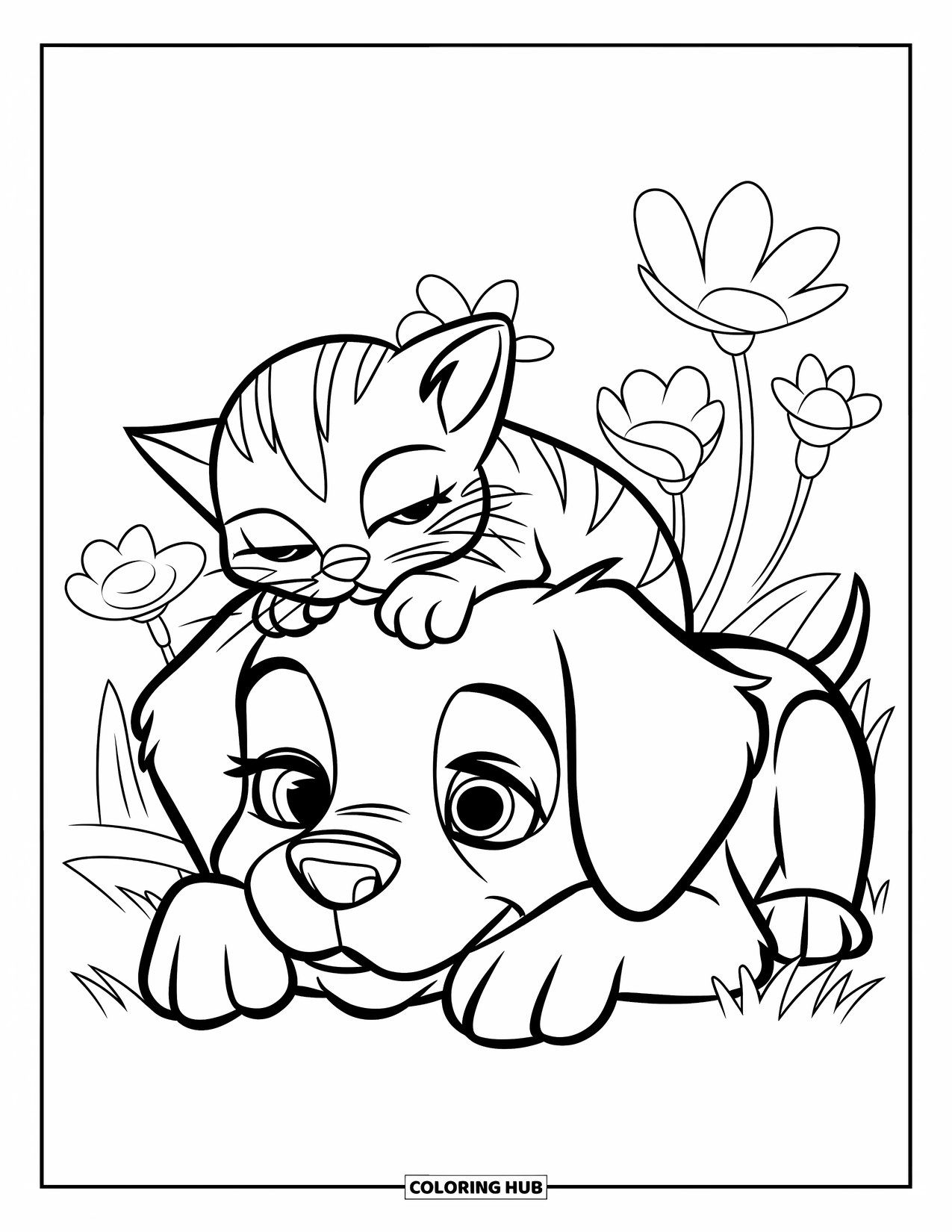Puppy And Kitten Coloring Page for Kids: A sleepy puppy rests as a kitten curls up peacefully on its head