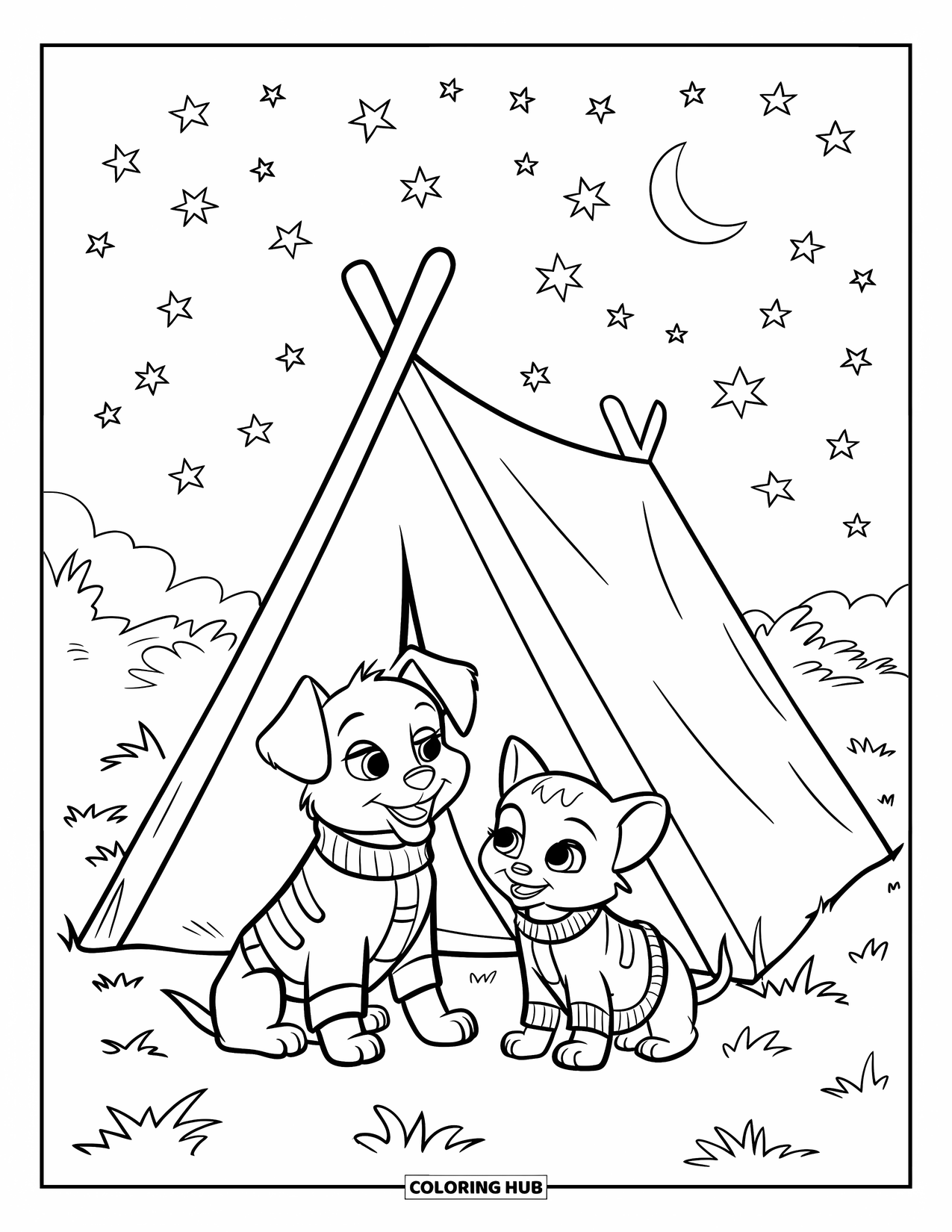 Puppy And Kitten Coloring Page for Kids: A starlit night where a puppy and kitten gaze at the moon beside their tent