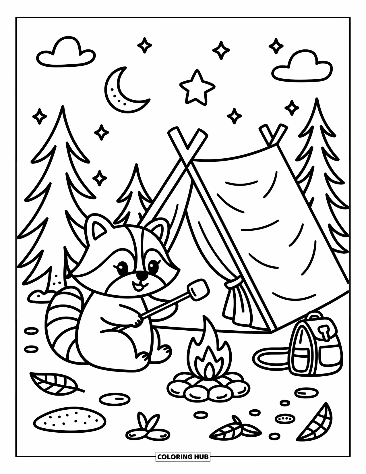 Raccoon Coloring Page for Adults: A cozy raccoon camps by a tiny fire under stars and drifting clouds