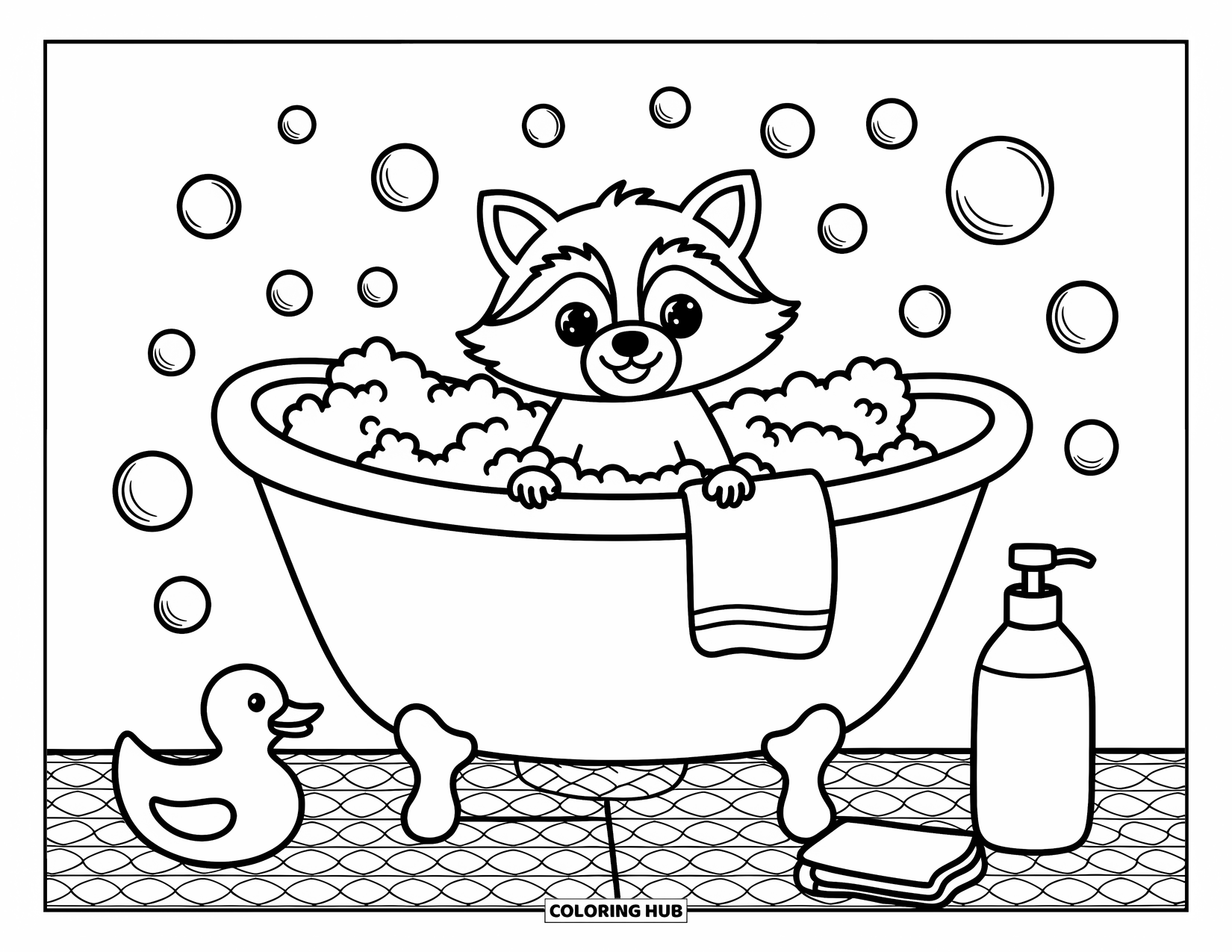 Raccoon Coloring Page for Adults: A happy raccoon pops out of a bubbly tub surrounded by bath-time fun