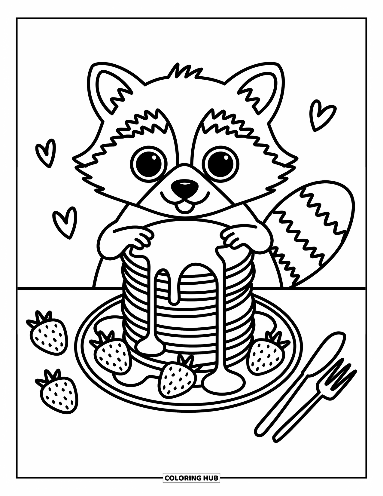 Raccoon Coloring Page for Adults: A raccoon clutches a pancake stack with syrup and hearts floating around