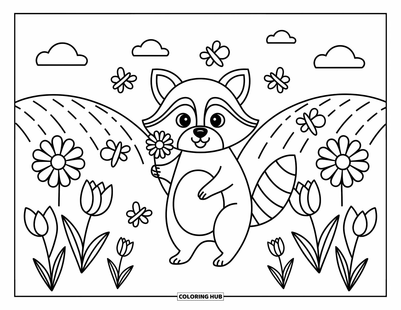 Raccoon Coloring Page for Adults: A raccoon gently cradles a flower among big blooms, bees, and butterflies