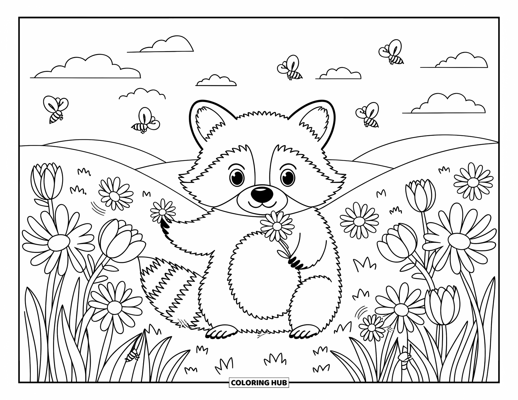Raccoon Coloring Page for Adults: A raccoon holds a flower in a meadow filled with giant daisies and tulips