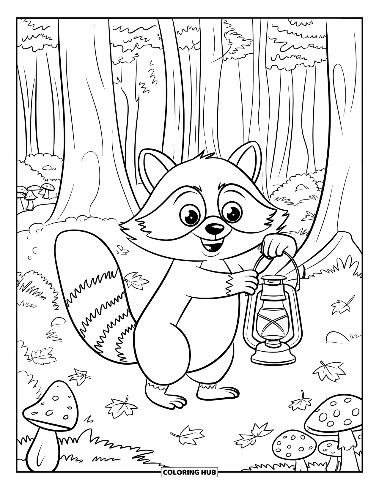 Raccoon Coloring Page for Adults: A raccoon holds a lantern in a forest filled with leaves, mushrooms, and rocks