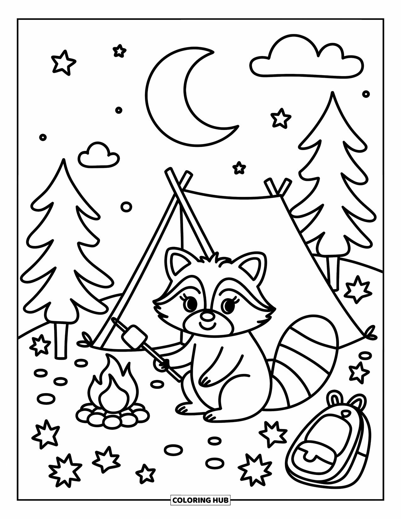 Raccoon Coloring Page for Adults: A raccoon sits by a campfire and tent, roasting a marshmallow under starry skies
