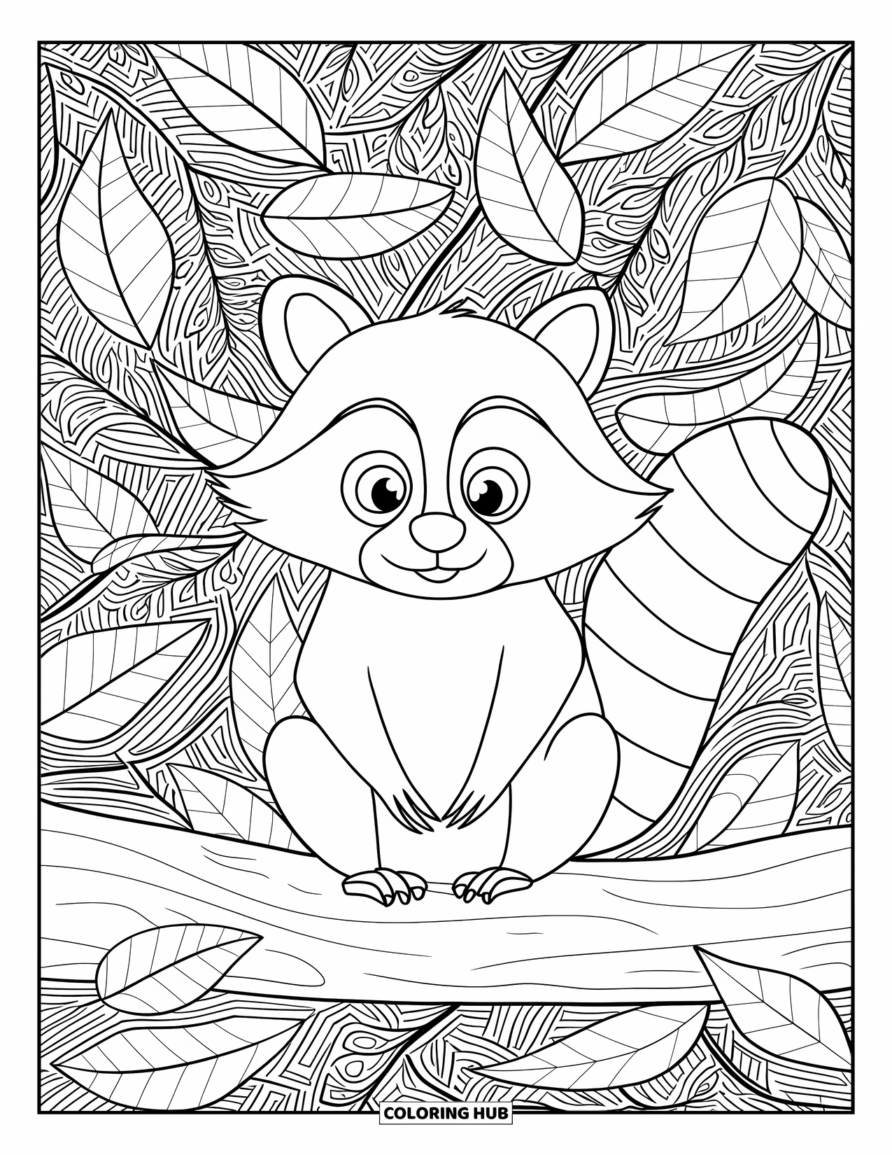 Raccoon Coloring Page for Adults: A raccoon sits on a log surrounded by a swirl of autumn leaves