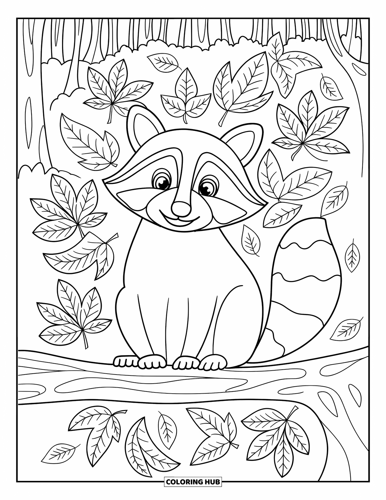 Raccoon Coloring Page for Adults: A raccoon sits on a log surrounded by autumn leaves and trees