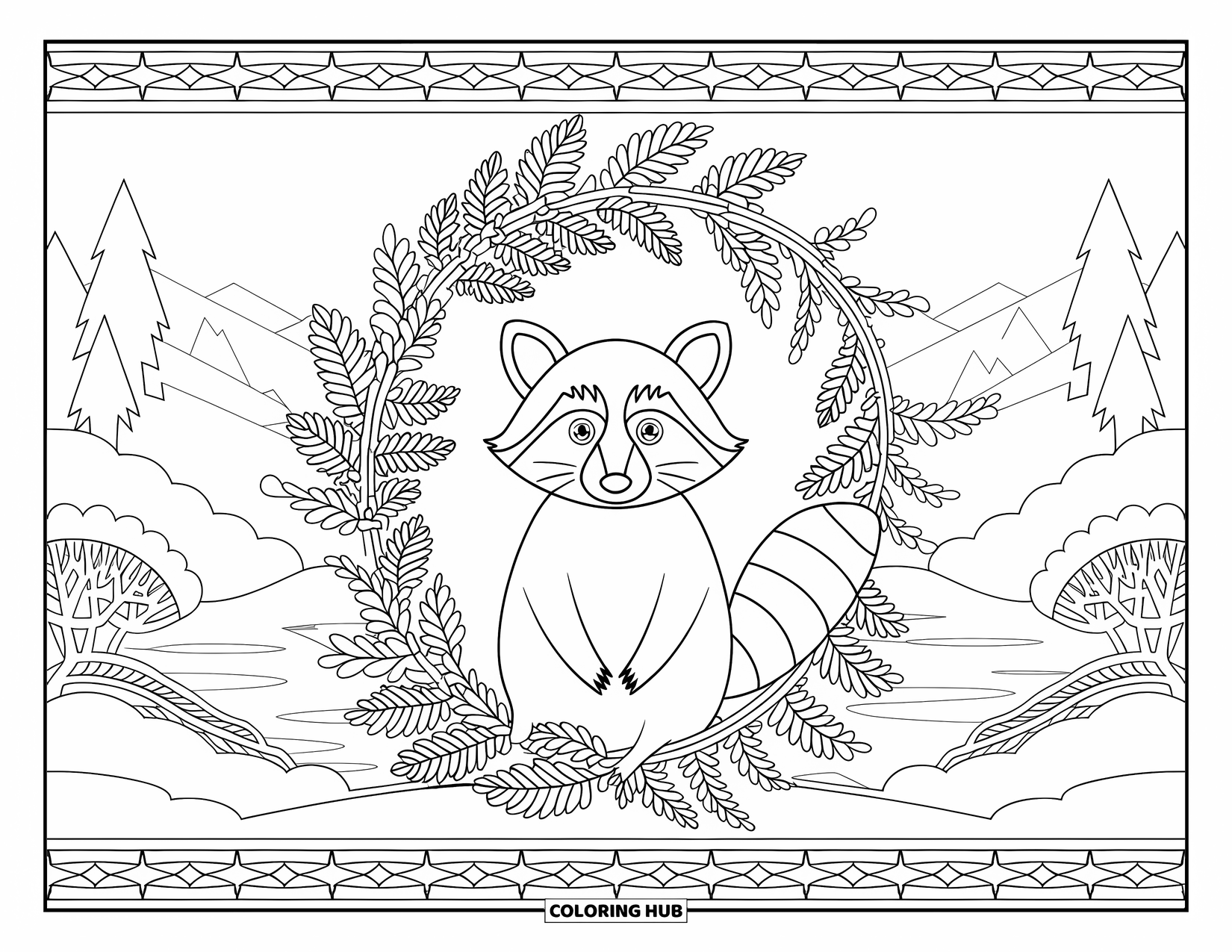 Raccoon Coloring Page for Adults: A raccoon sits upright inside a leafy frame with mountains and trees in the background