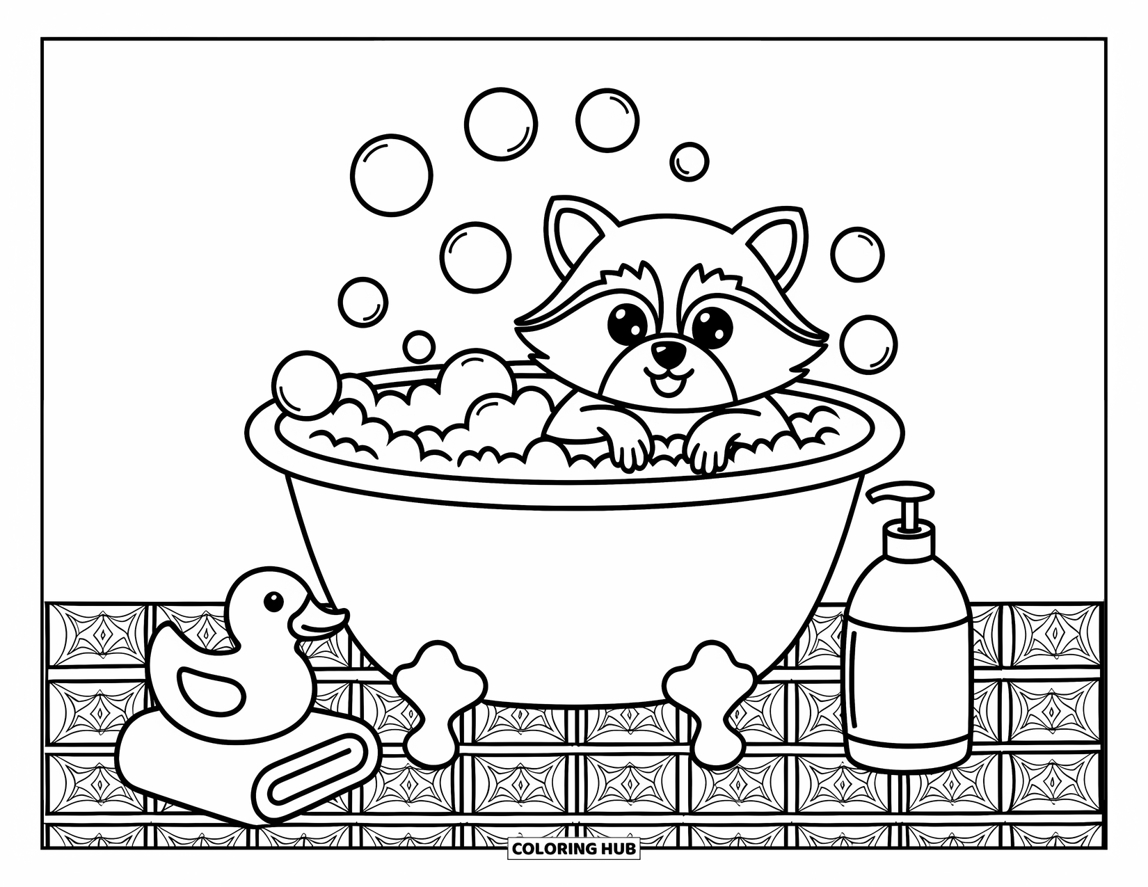 Raccoon Coloring Page for Adults: A raccoon splashes in a clawfoot tub with bubbles floating all around
