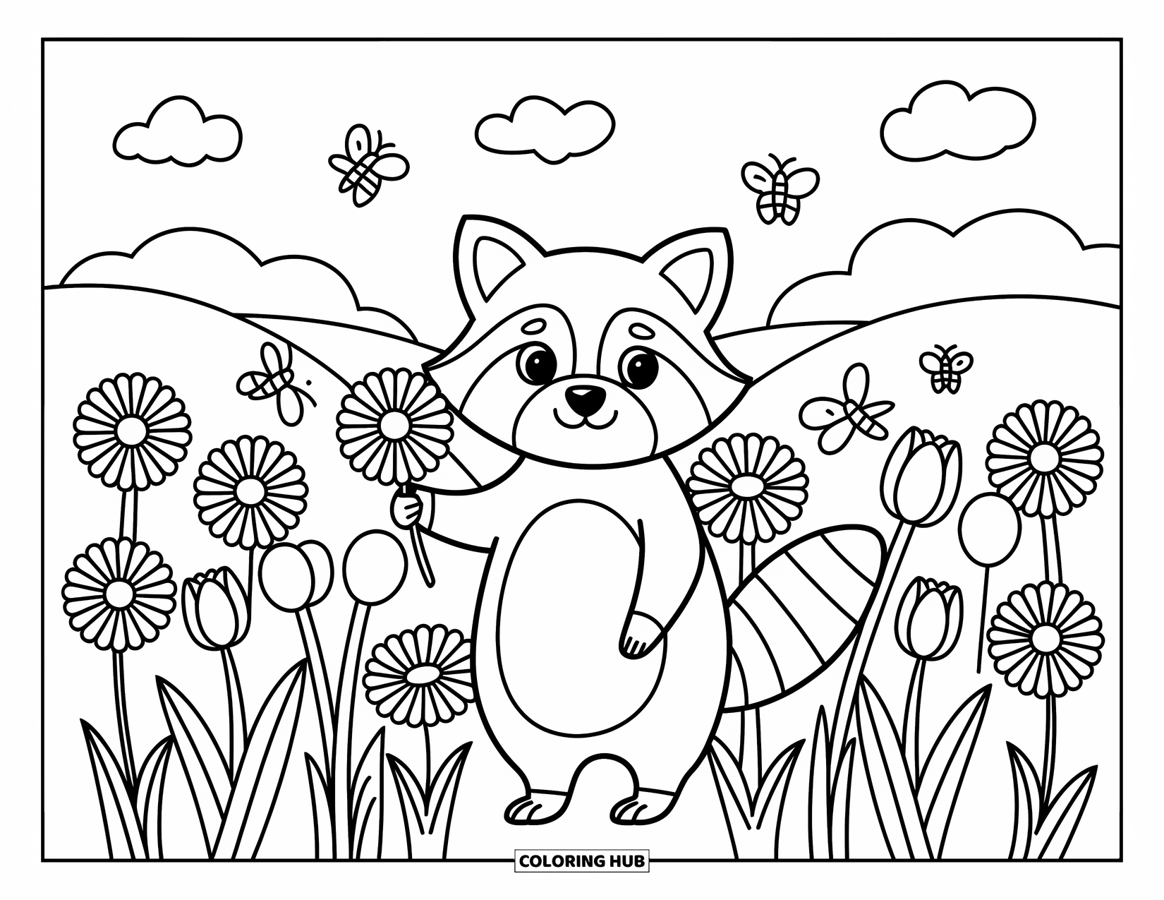 Raccoon Coloring Page for Adults: A raccoon stands peacefully in tall flowers with butterflies and soft rolling hills