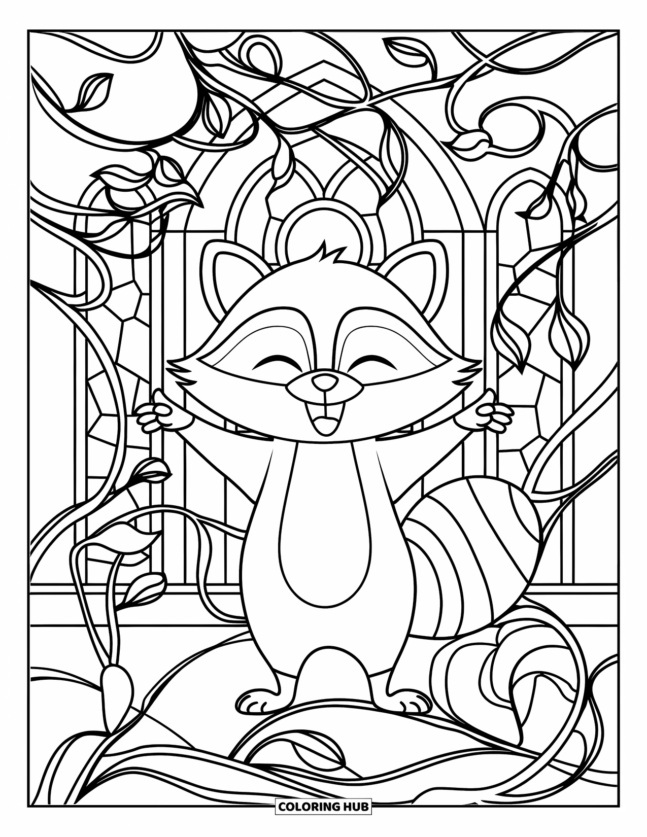 Raccoon Coloring Page for Adults: A raccoon stands with paws raised in front of stained glass and a church wall
