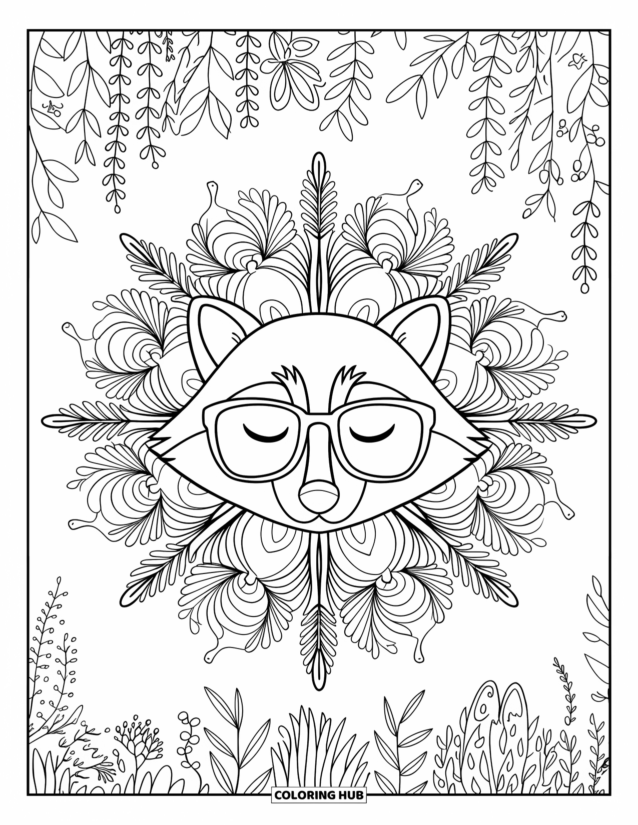 Raccoon Coloring Page for Adults: A raccoon with glasses is framed by flowers and leaves in a garden setting