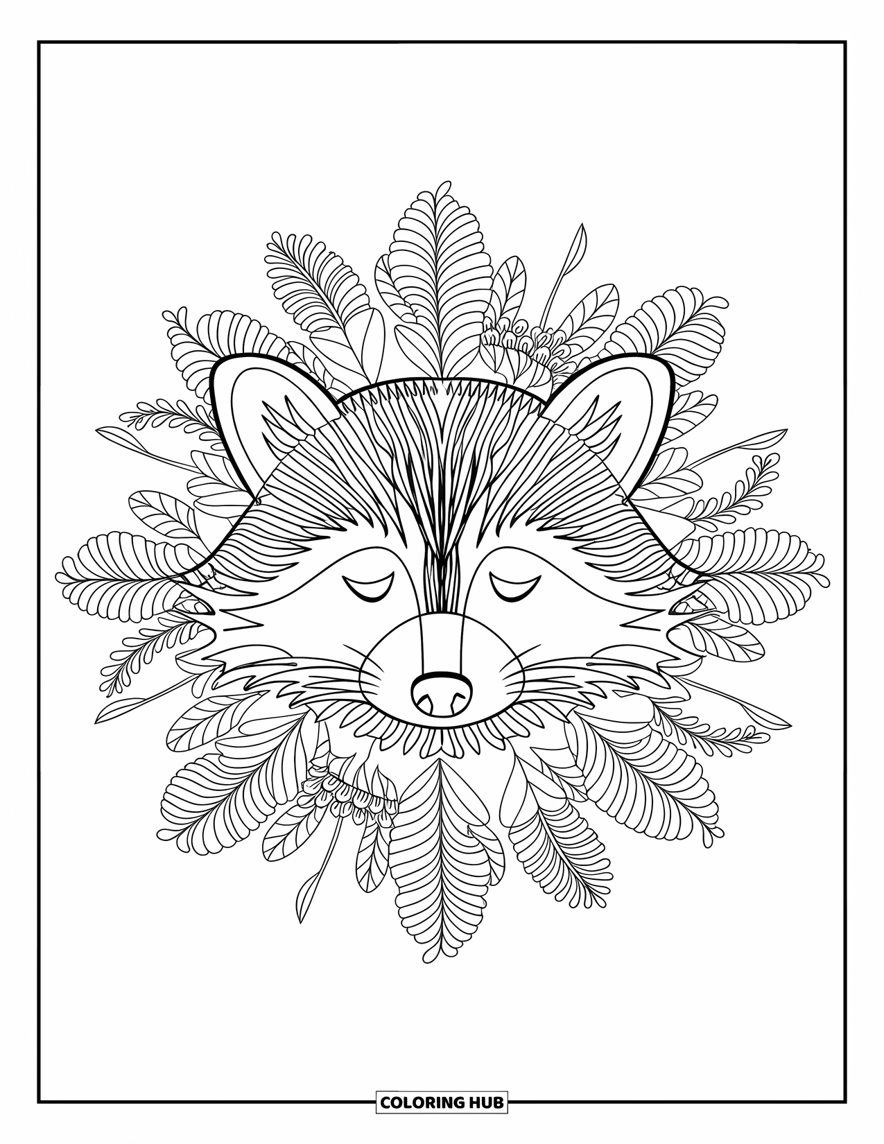 Raccoon Coloring Page for Adults: A raccoon with textured fur is surrounded by a ring of plants and vines