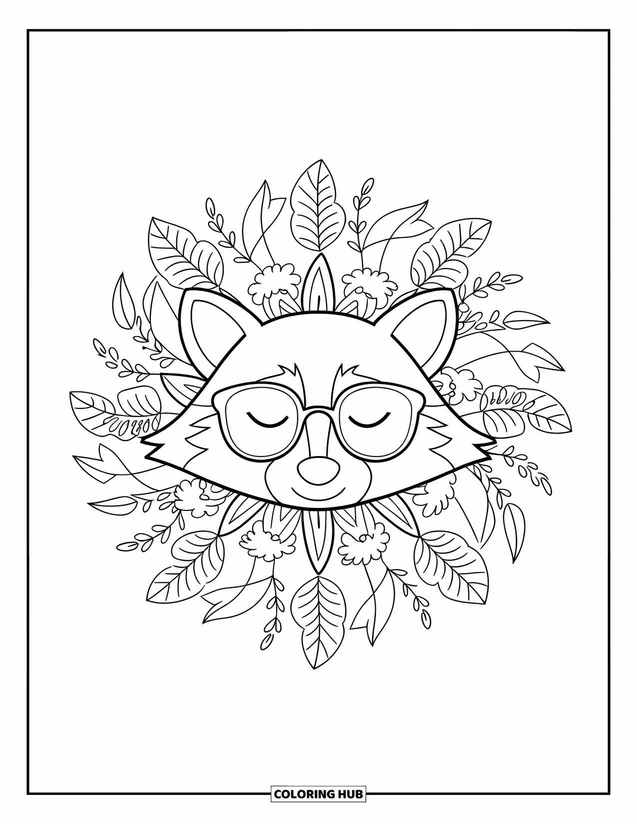 Raccoon Coloring Page for Adults: A raccoon's face is surrounded by a mandala of leaves and flowers