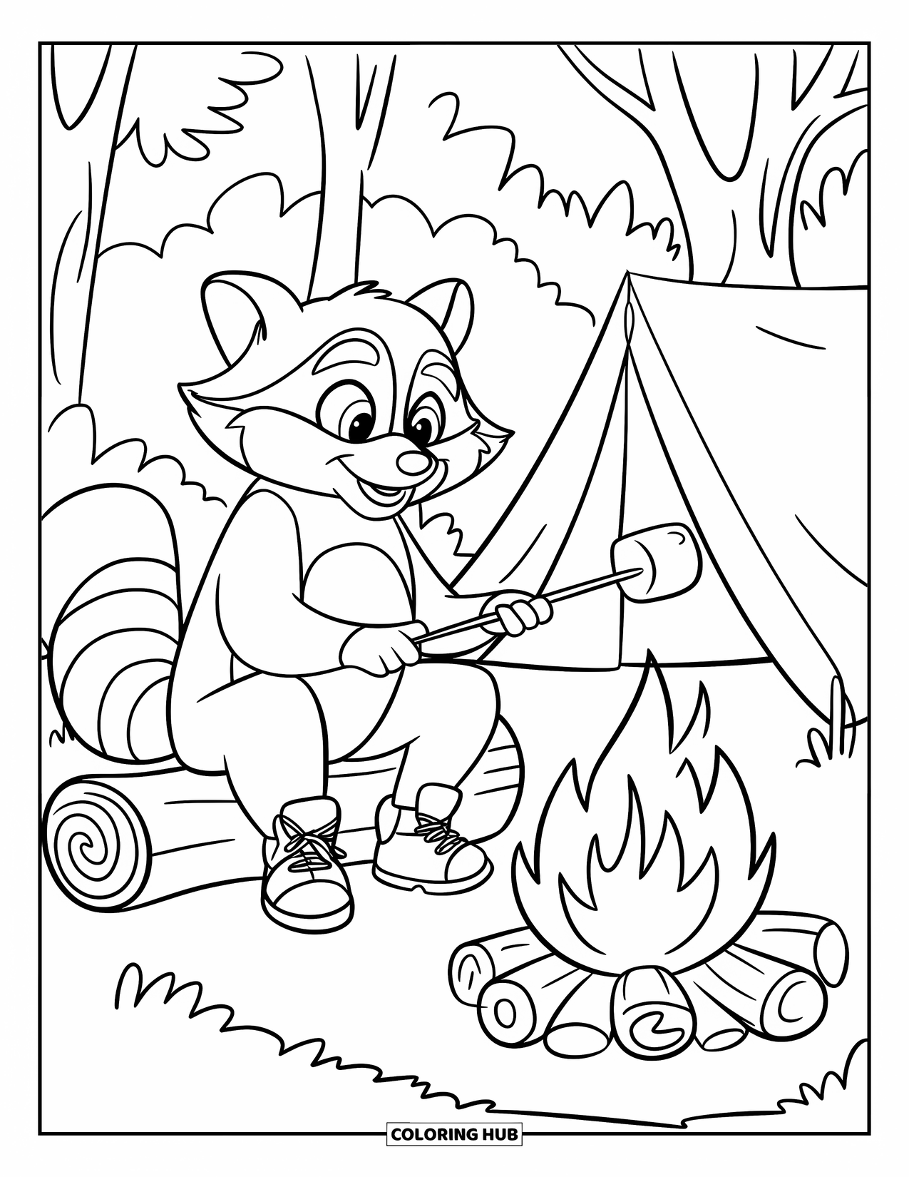 Raccoon Coloring Page for Kids: A boot-wearing raccoon sits by a campfire roasting marshmallows under the trees
