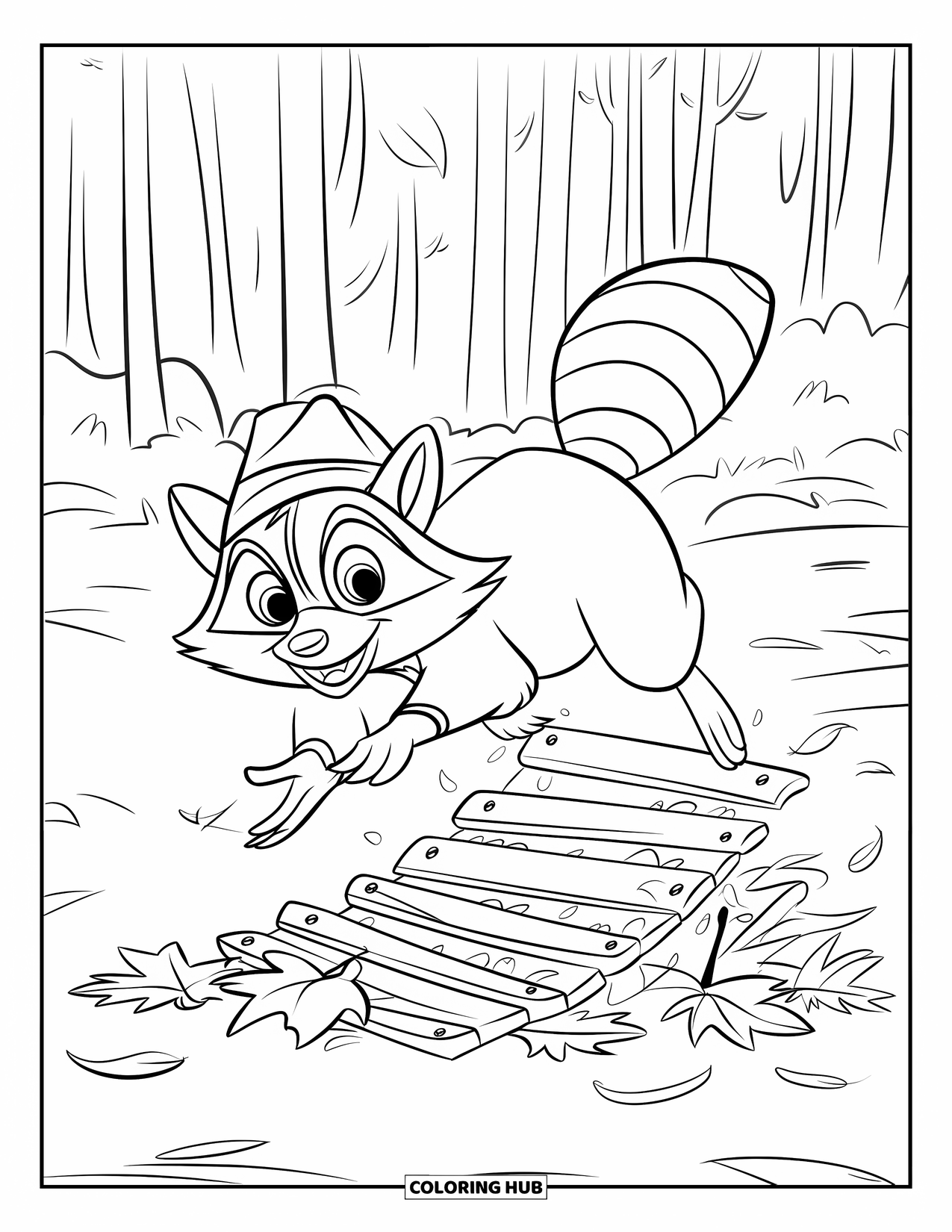 Raccoon Coloring Page for Kids: A grinning raccoon jumps over a leaf pile in a peaceful forest