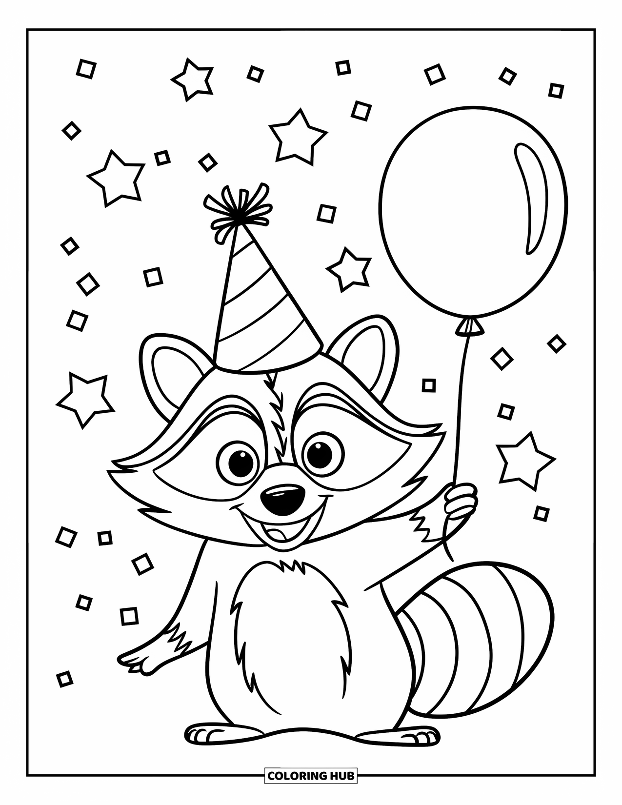 Raccoon Coloring Page for Kids: A happy raccoon in a party hat holds a balloon with stars all around