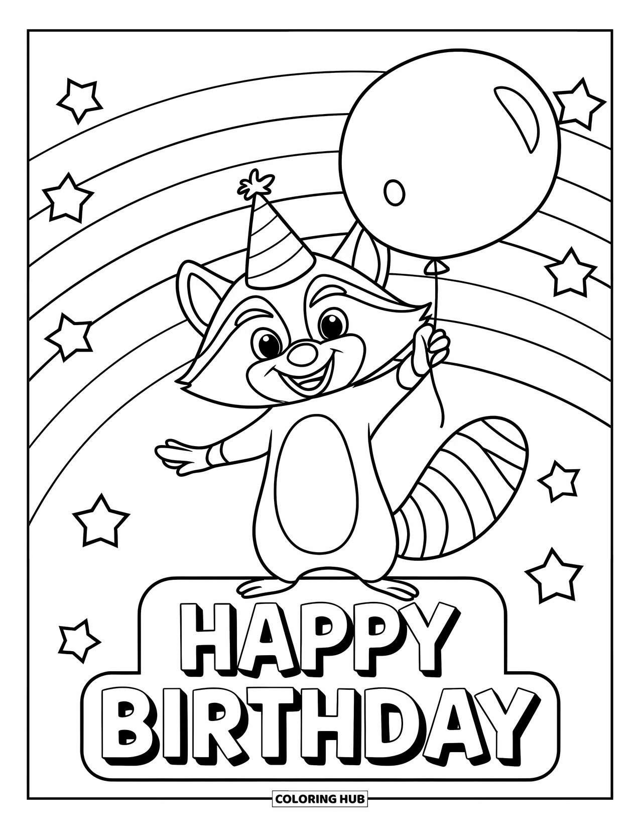 Raccoon Coloring Page for Kids: A party raccoon stands on a "Happy Birthday" sign with stars and a rainbow
