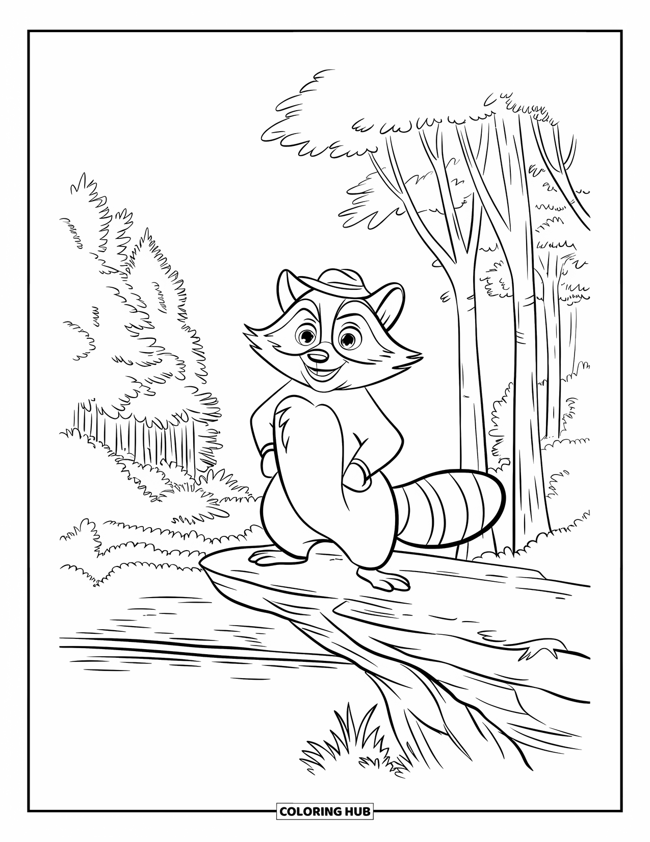 Raccoon Coloring Page for Kids: A proud raccoon in a hat stands tall on a rock above the woods