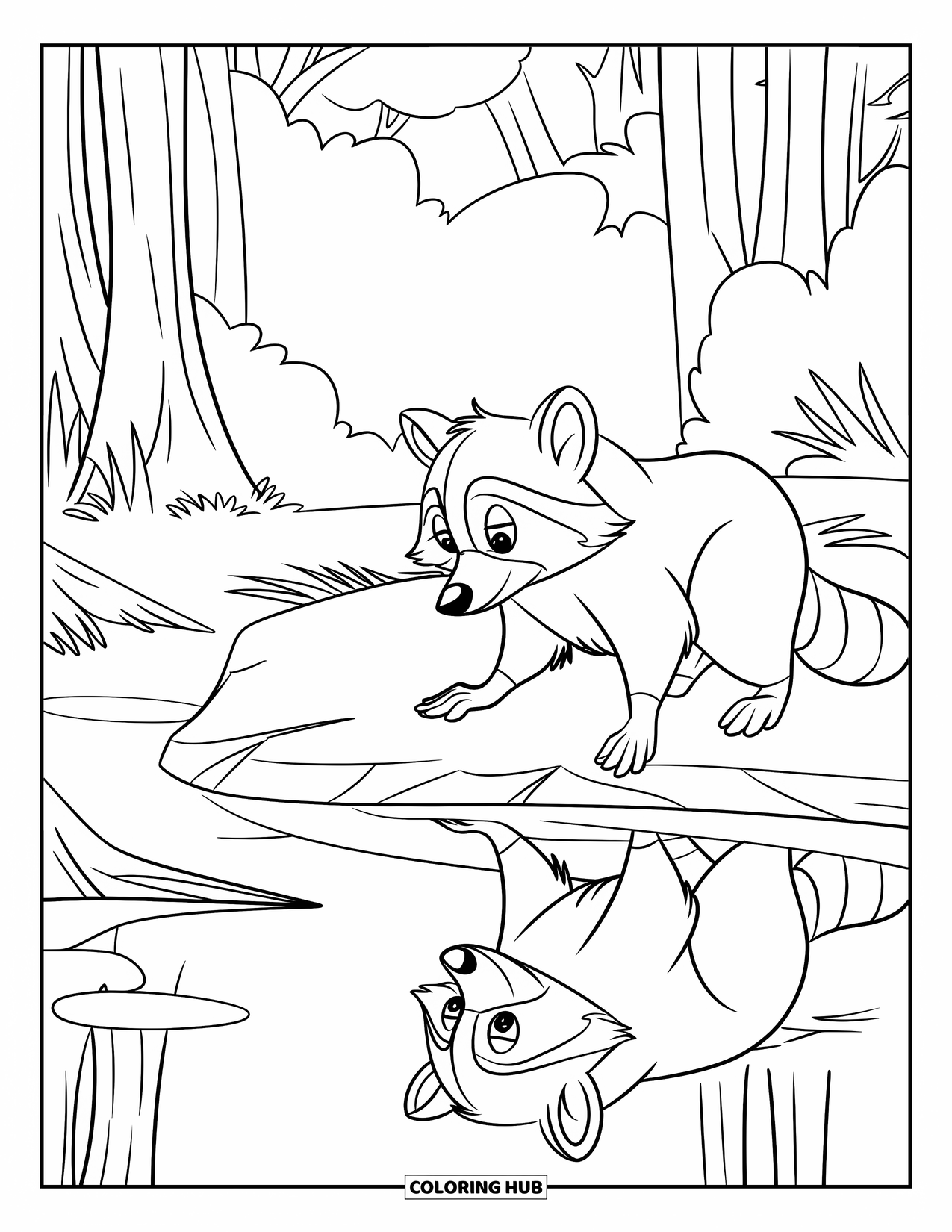 Raccoon Coloring Page for Kids: A raccoon gazes at its reflection in a peaceful pond surrounded by trees