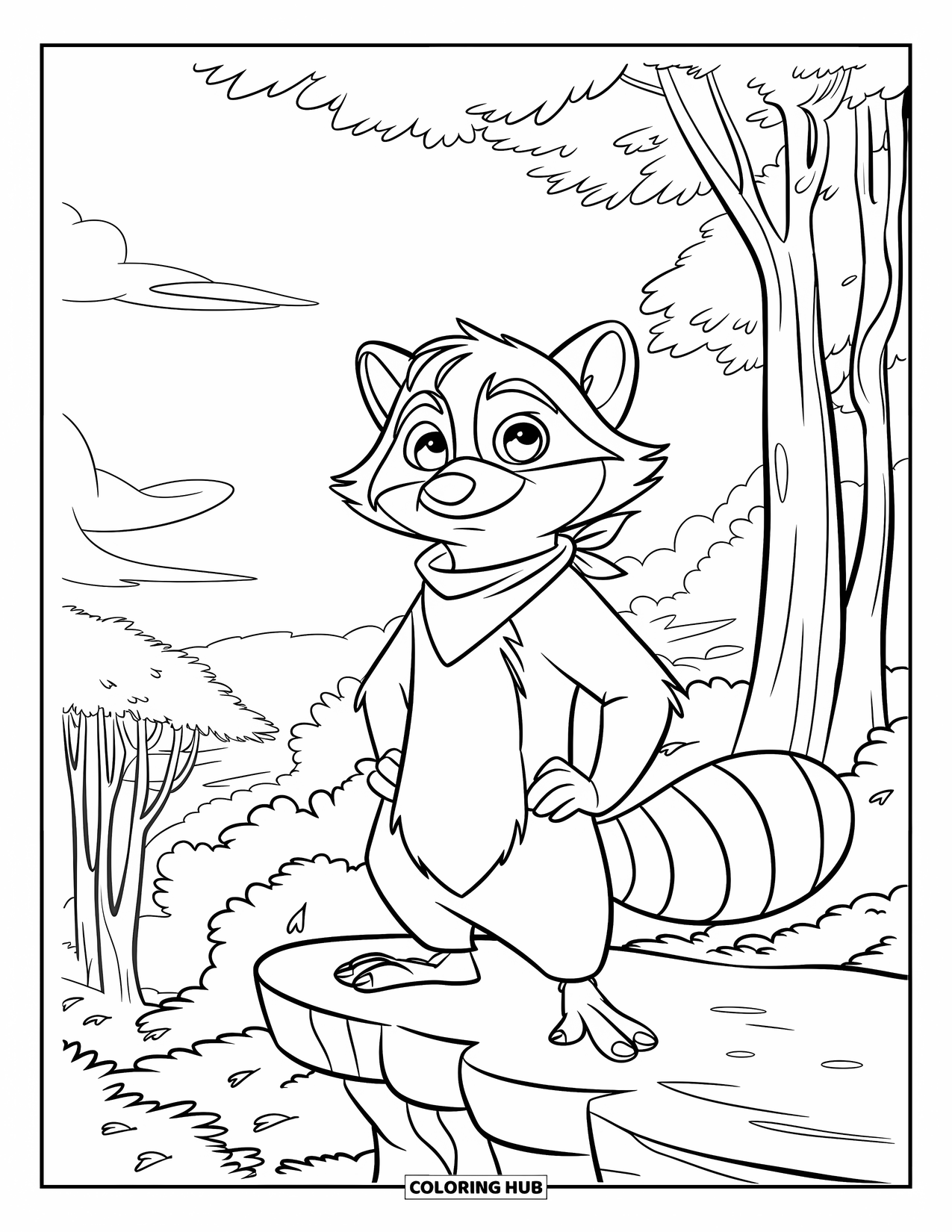 Raccoon Coloring Page for Kids: A raccoon in a bandana stands above leafy trees under a cloudy sky