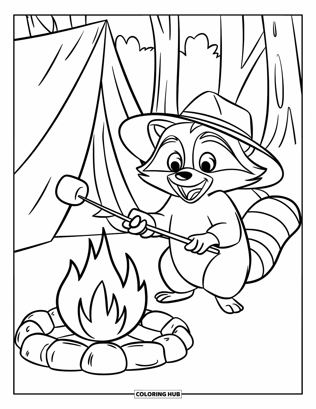 Raccoon Coloring Page for Kids: A raccoon in a camp hat roasts a marshmallow by the fire near a tent